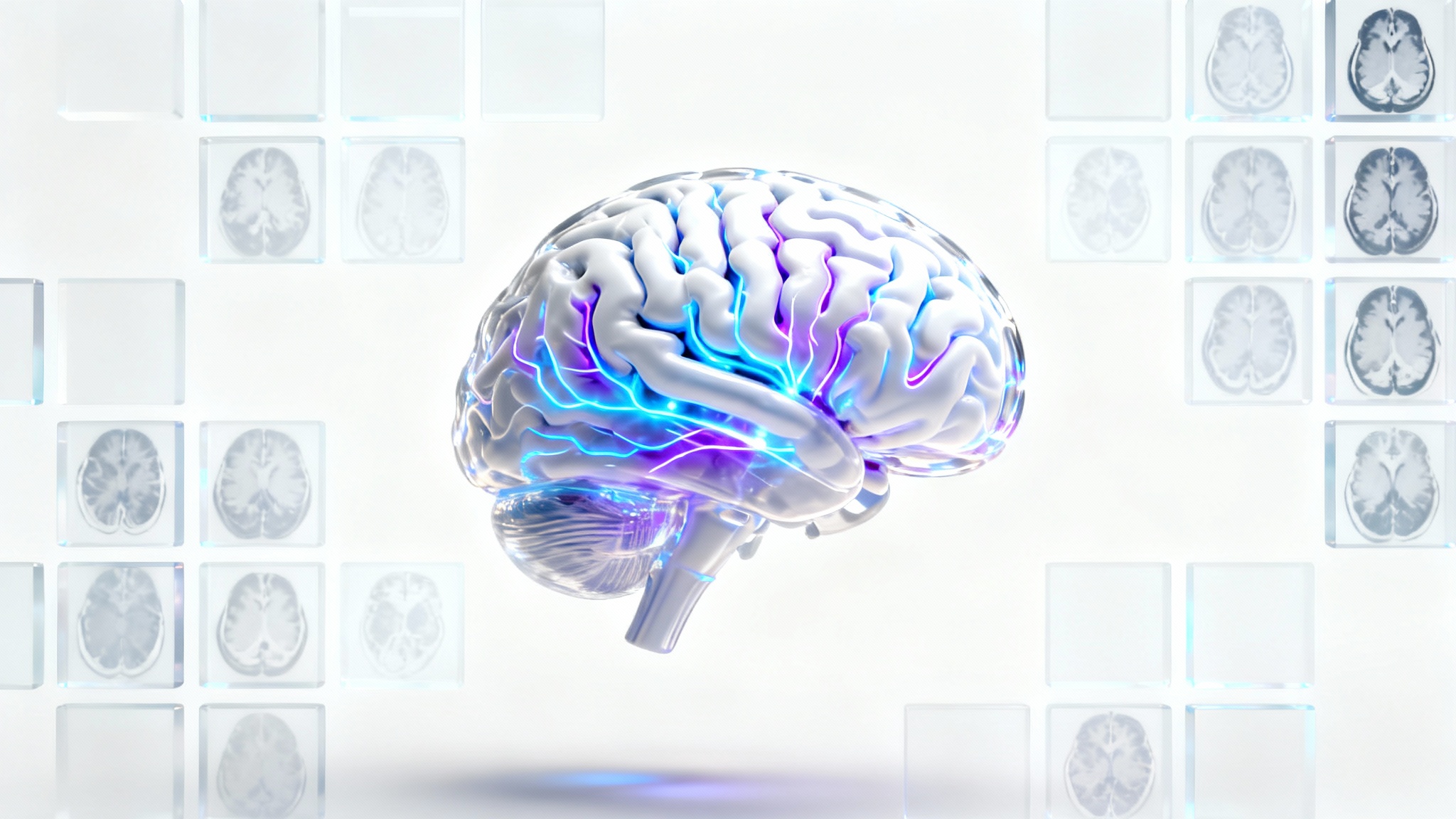 A detailed 3D digital reconstruction of a human brain, glowing with blue and purple light, demonstrating advanced MRI visualization technology on a clean white background.
