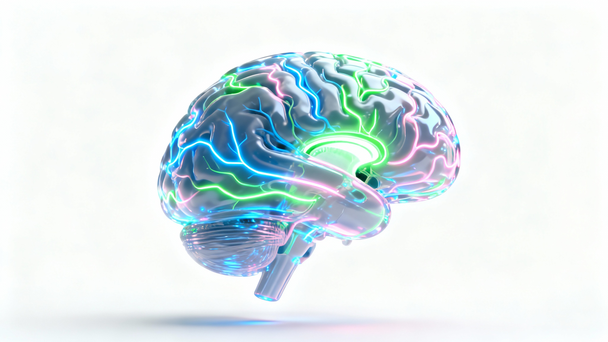 A hyper-realistic 3D reconstruction of a human brain, glowing with vibrant blue, green, and pink lights to highlight different structures, set against a plain white background.