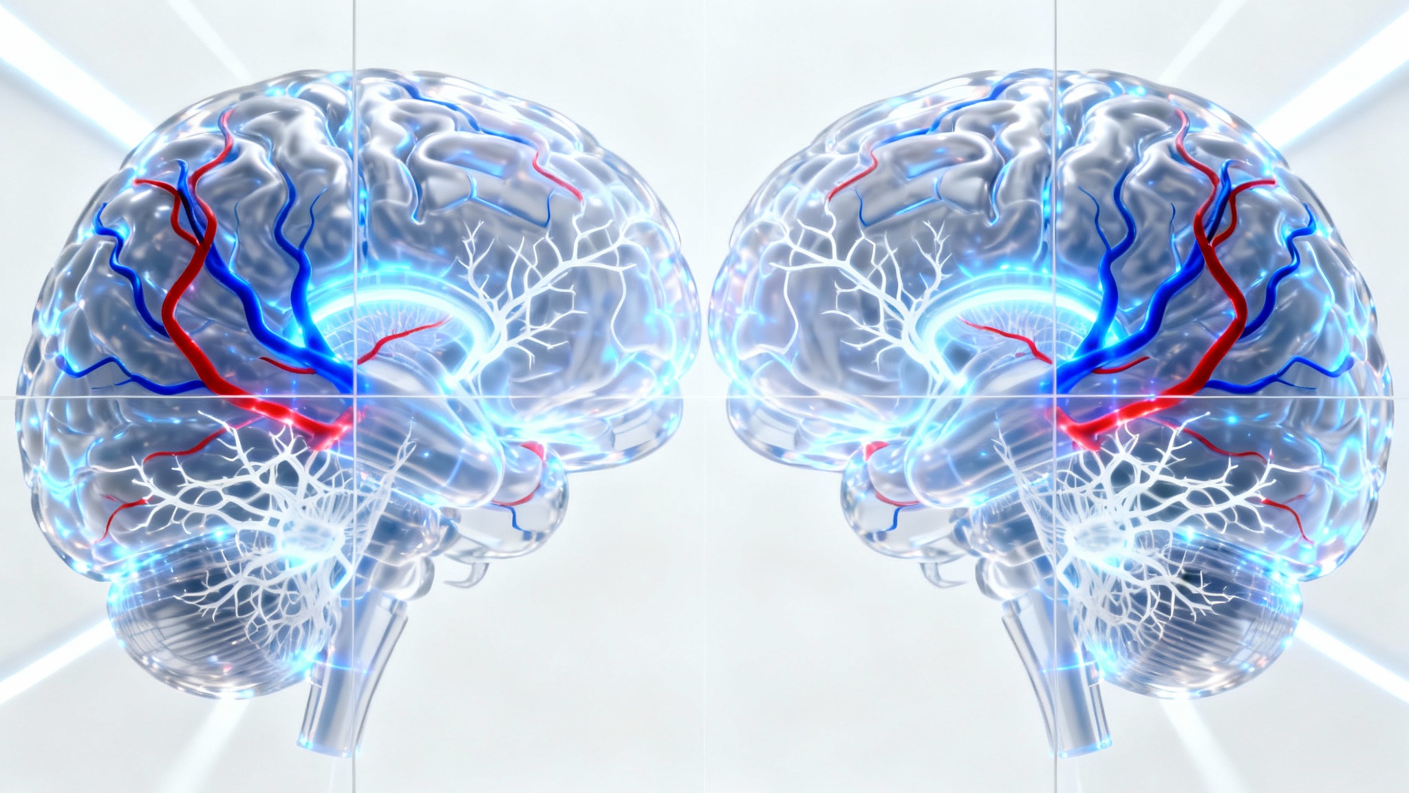 A futuristic 3D digital reconstruction of a human brain, glowing with intricate blue, red, and white light pathways, isolated against a sterile white background to represent advanced medical imaging.