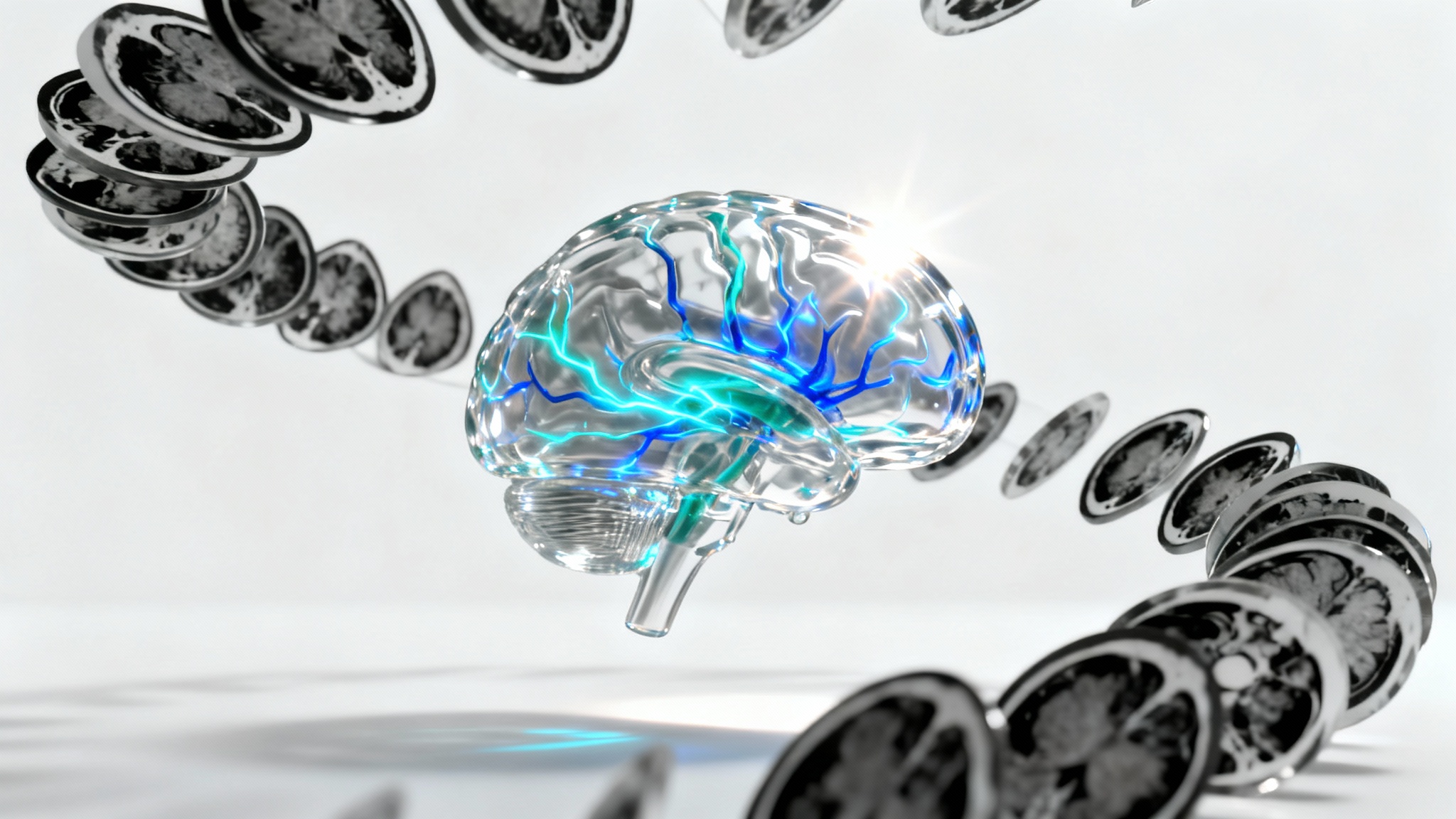 A hyper-realistic 3D reconstruction of a human brain, glowing with blue light, surrounded by the 2D MRI scans used to create it, against a clean white background.