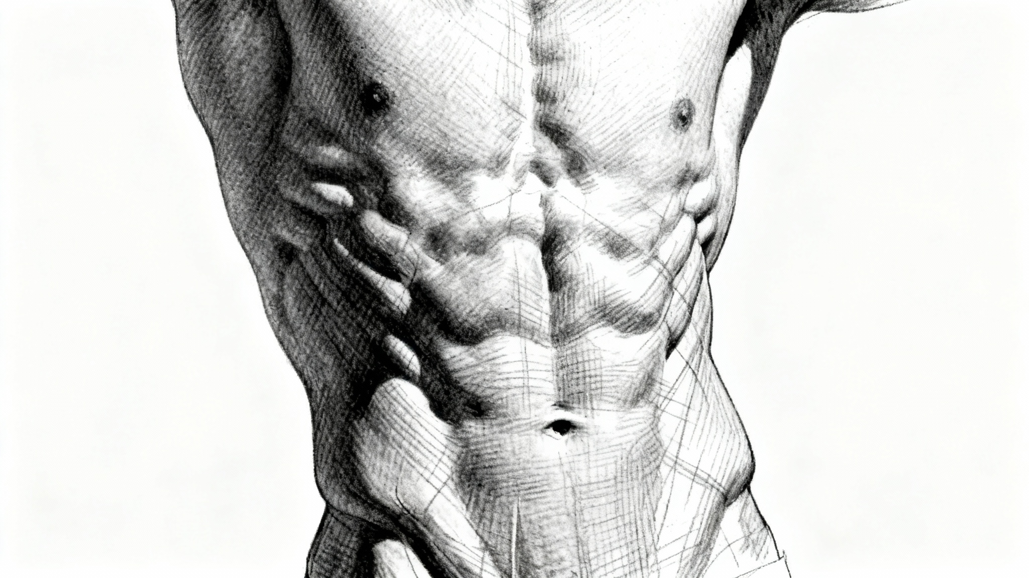 A detailed artistic drawing of a muscular male torso, focusing on the chiseled abdominal muscles. The black and white sketch is in the style of an anatomical study, set against a clean white background.