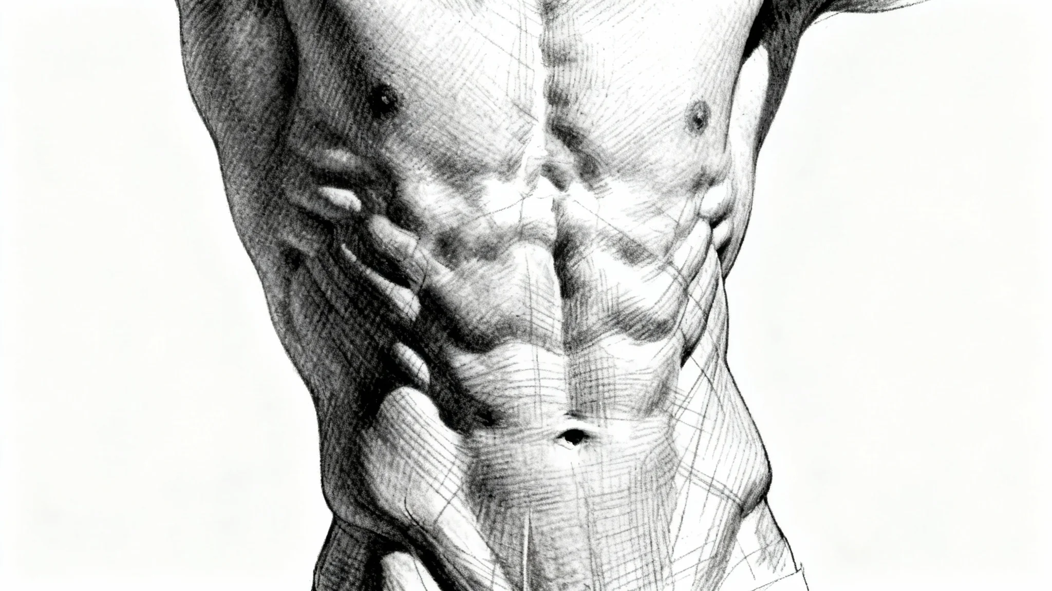 A detailed artistic drawing of a muscular male torso, focusing on the chiseled abdominal muscles. The black and white sketch is in the style of an anatomical study, set against a clean white background.