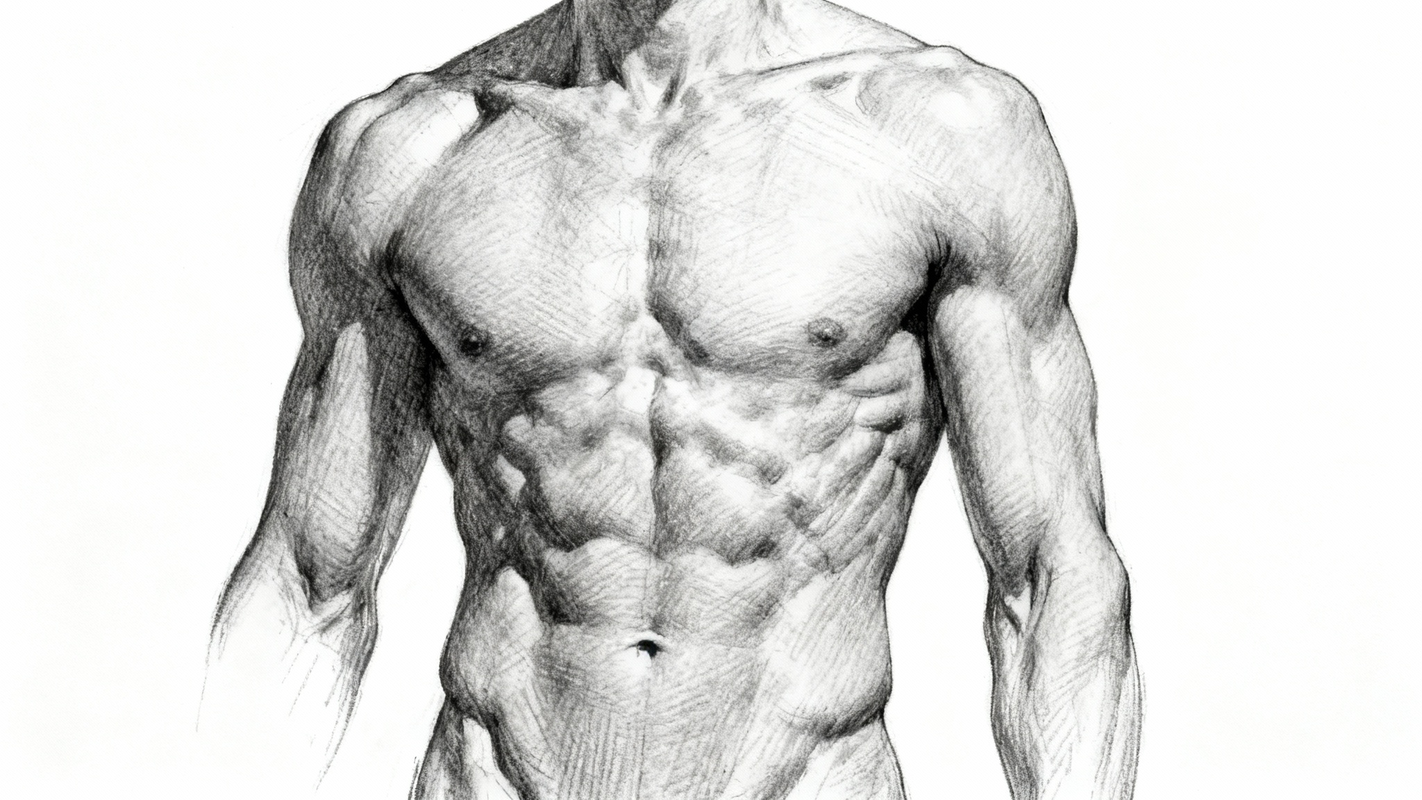 A detailed, artistic pencil drawing of well-defined abdominal muscles on a human torso, presented against a plain white background.