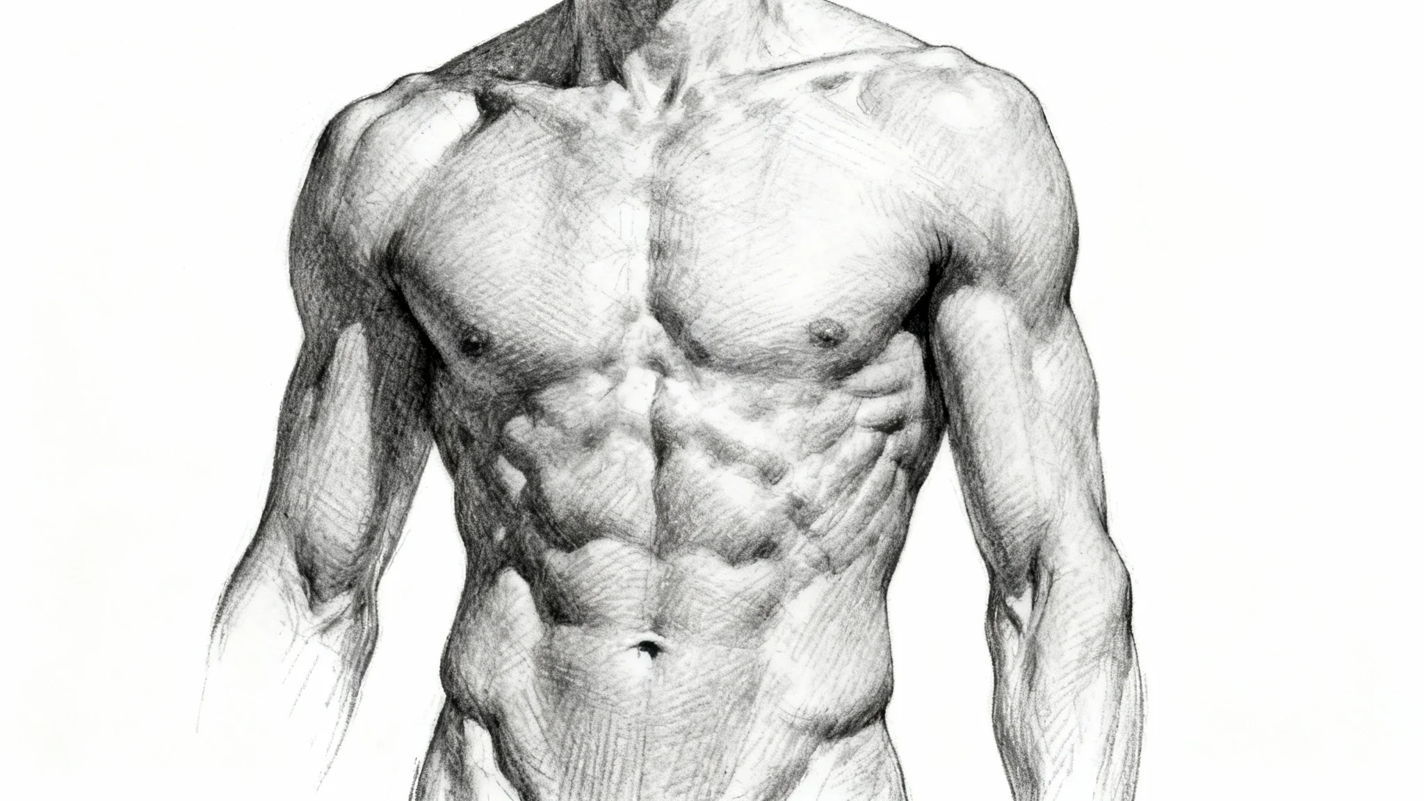 A detailed, artistic pencil drawing of well-defined abdominal muscles on a human torso, presented against a plain white background.