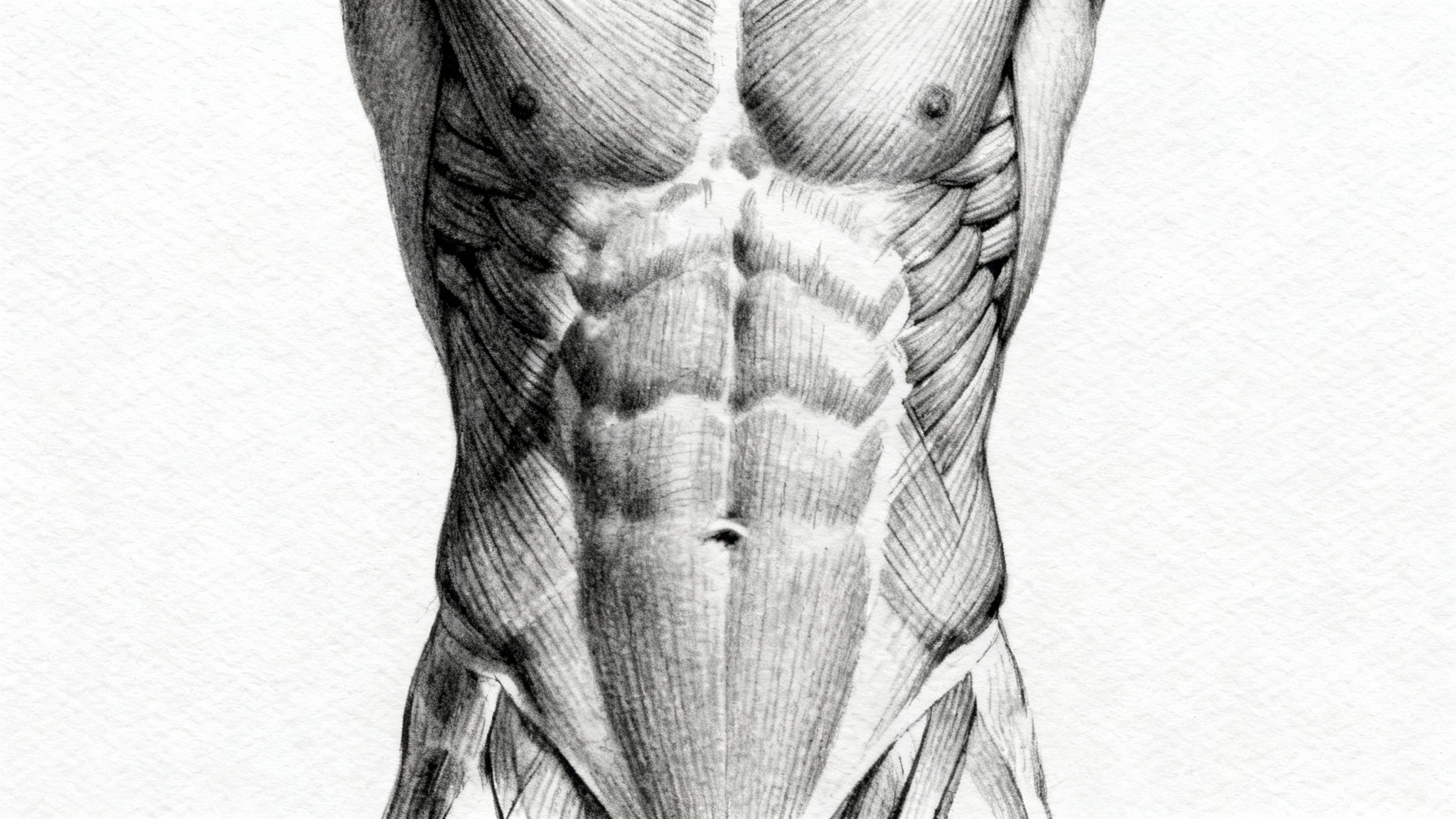 A detailed and realistic anatomical sketch of human abdominal muscles, shown in a charcoal and pencil style on a white background.