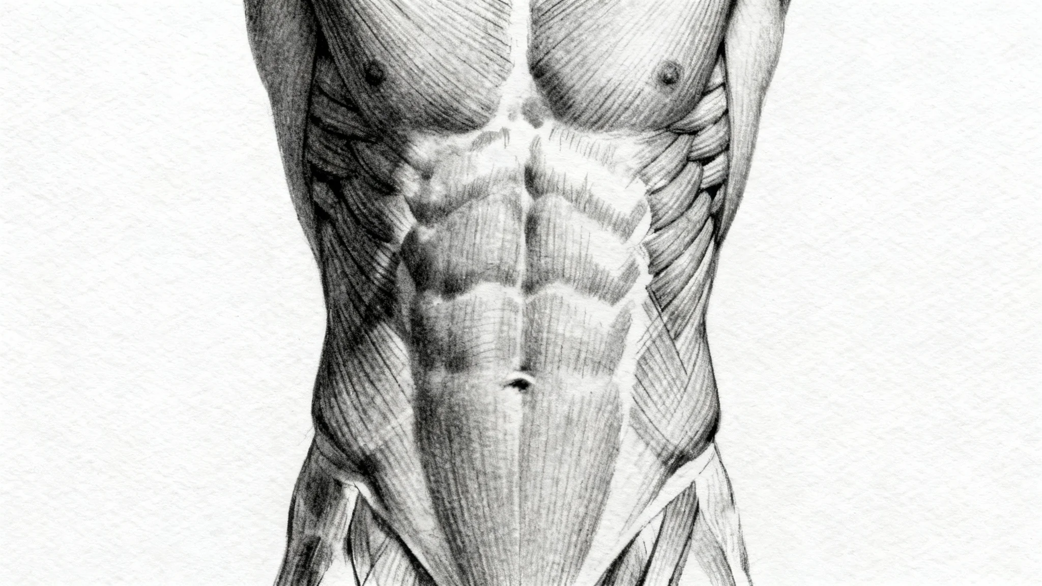 A detailed and realistic anatomical sketch of human abdominal muscles, shown in a charcoal and pencil style on a white background.