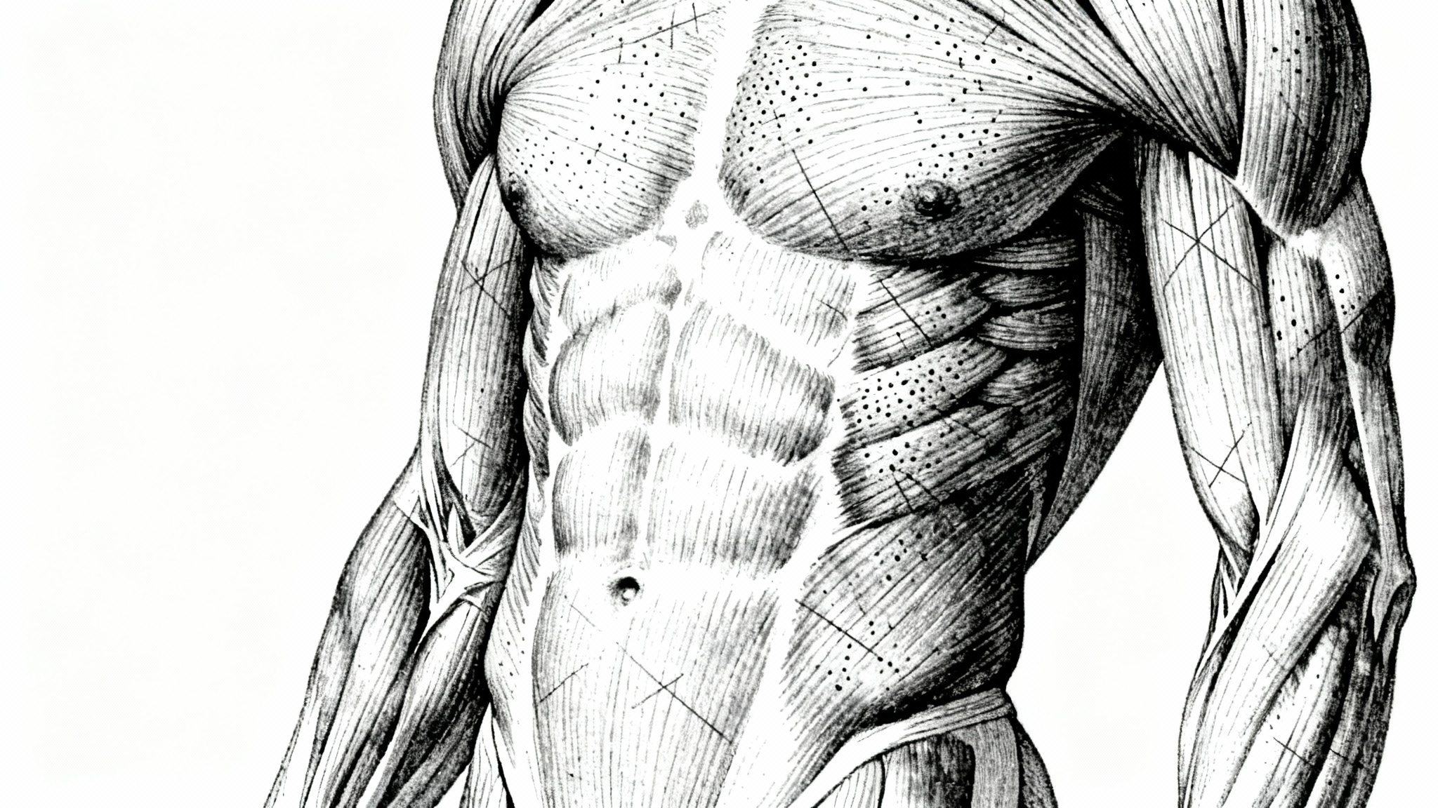 A detailed black-and-white anatomical drawing of fit human abdominal muscles on a clean white background, in the style of a classic scientific illustration.