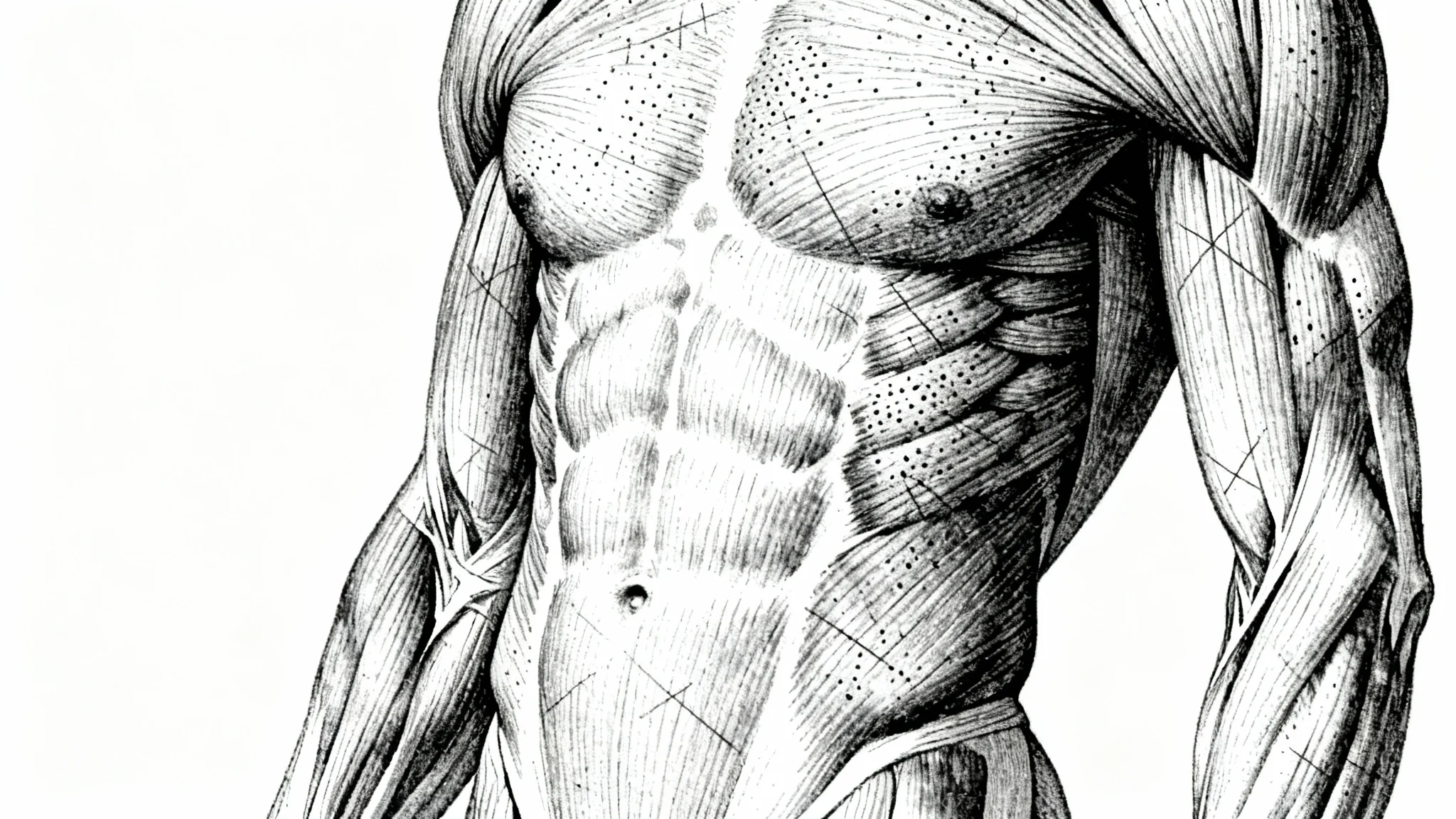 A detailed black-and-white anatomical drawing of fit human abdominal muscles on a clean white background, in the style of a classic scientific illustration.