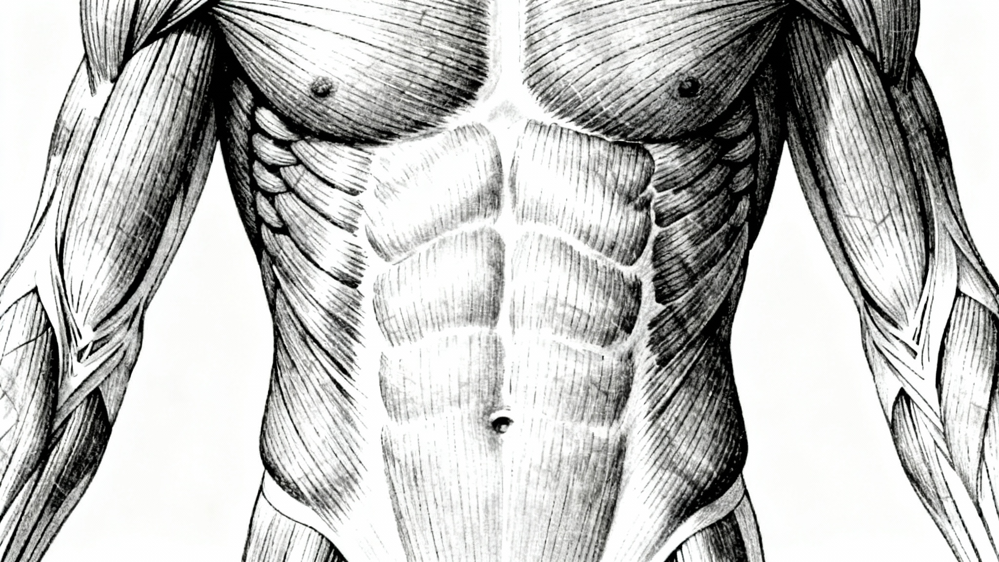 An anatomical line drawing of the human abdominal muscles, showing the six-pack and obliques in a detailed, technical style against a white background.