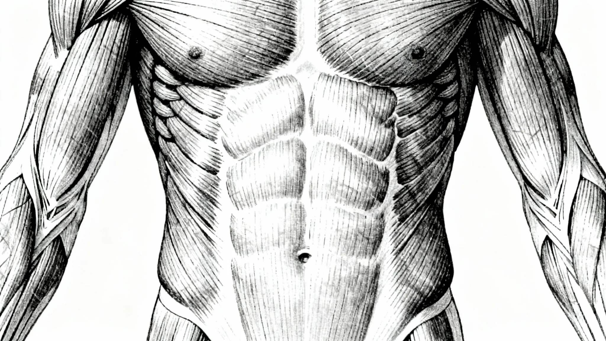 An anatomical line drawing of the human abdominal muscles, showing the six-pack and obliques in a detailed, technical style against a white background.