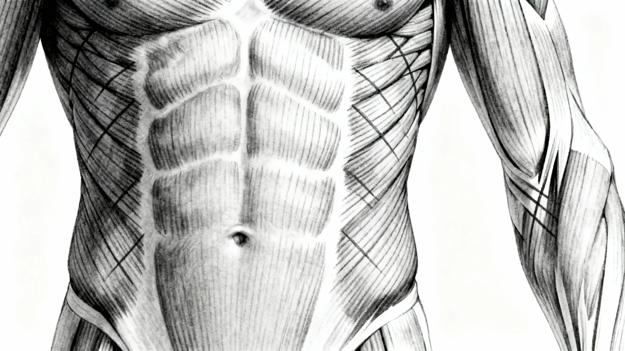 A detailed anatomical sketch of the human abdominal muscles, including the six-pack and obliques, presented in a clean, medical illustration style against a white background.