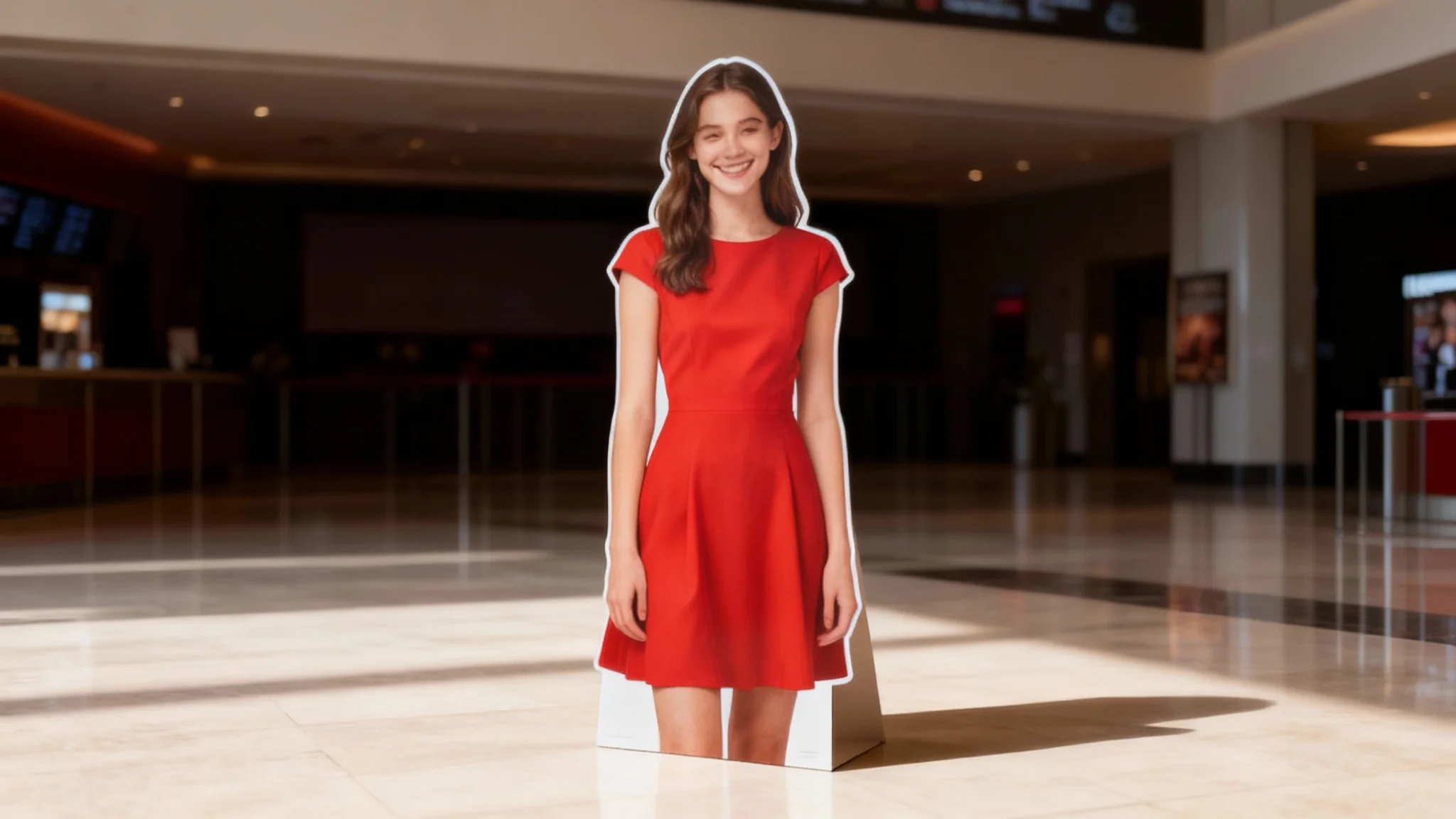 A realistic mockup of a life-sized cardboard standee of a woman in a red dress, displayed in the brightly lit lobby of a modern cinema.