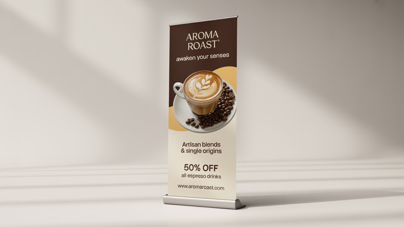 A professional mockup of a roll-up standee banner for a gourmet coffee house, featuring a promotion and a photo of a latte, set against a clean white background.