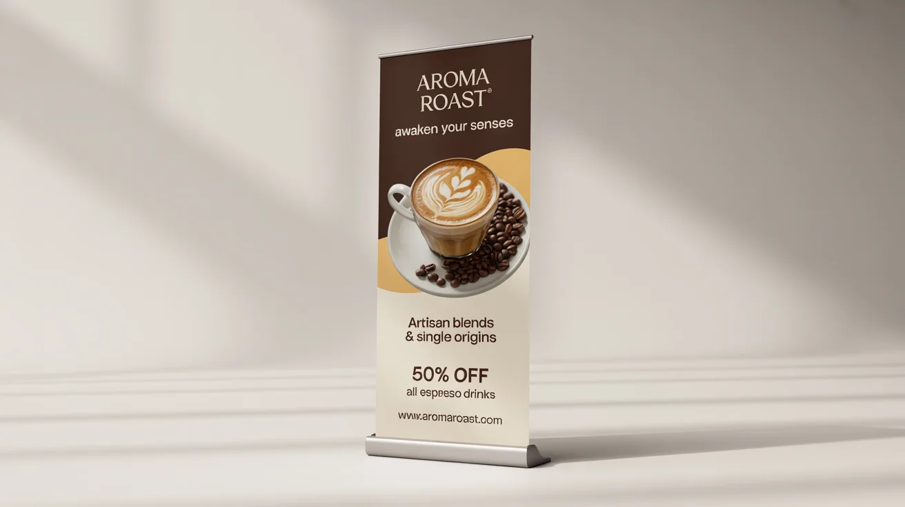 A professional mockup of a roll-up standee banner for a gourmet coffee house, featuring a promotion and a photo of a latte, set against a clean white background.