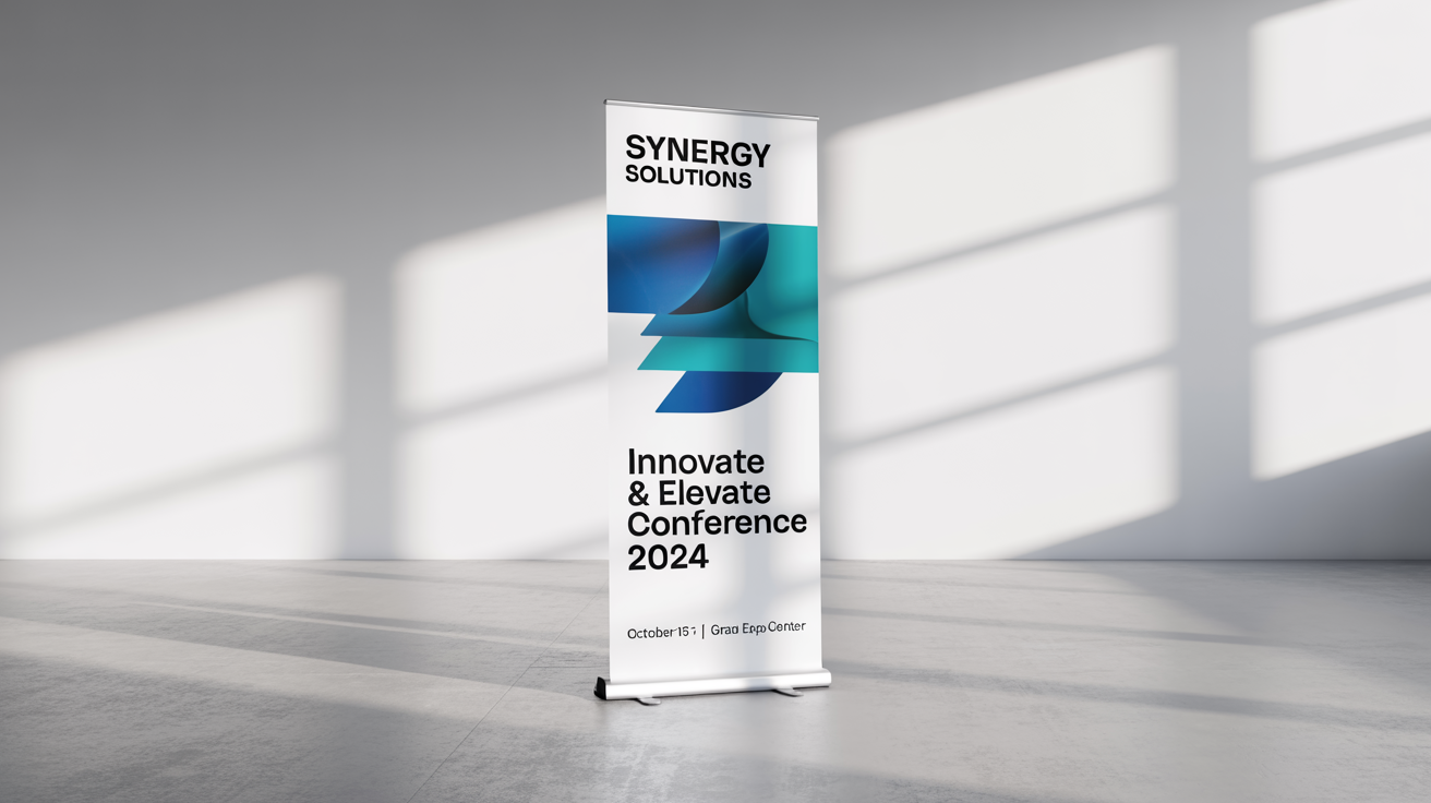 A professional mockup of a roll-up standee banner for a fictional corporate event called 'Innovate & Elevate Conference 2024', shown against a clean white background.
