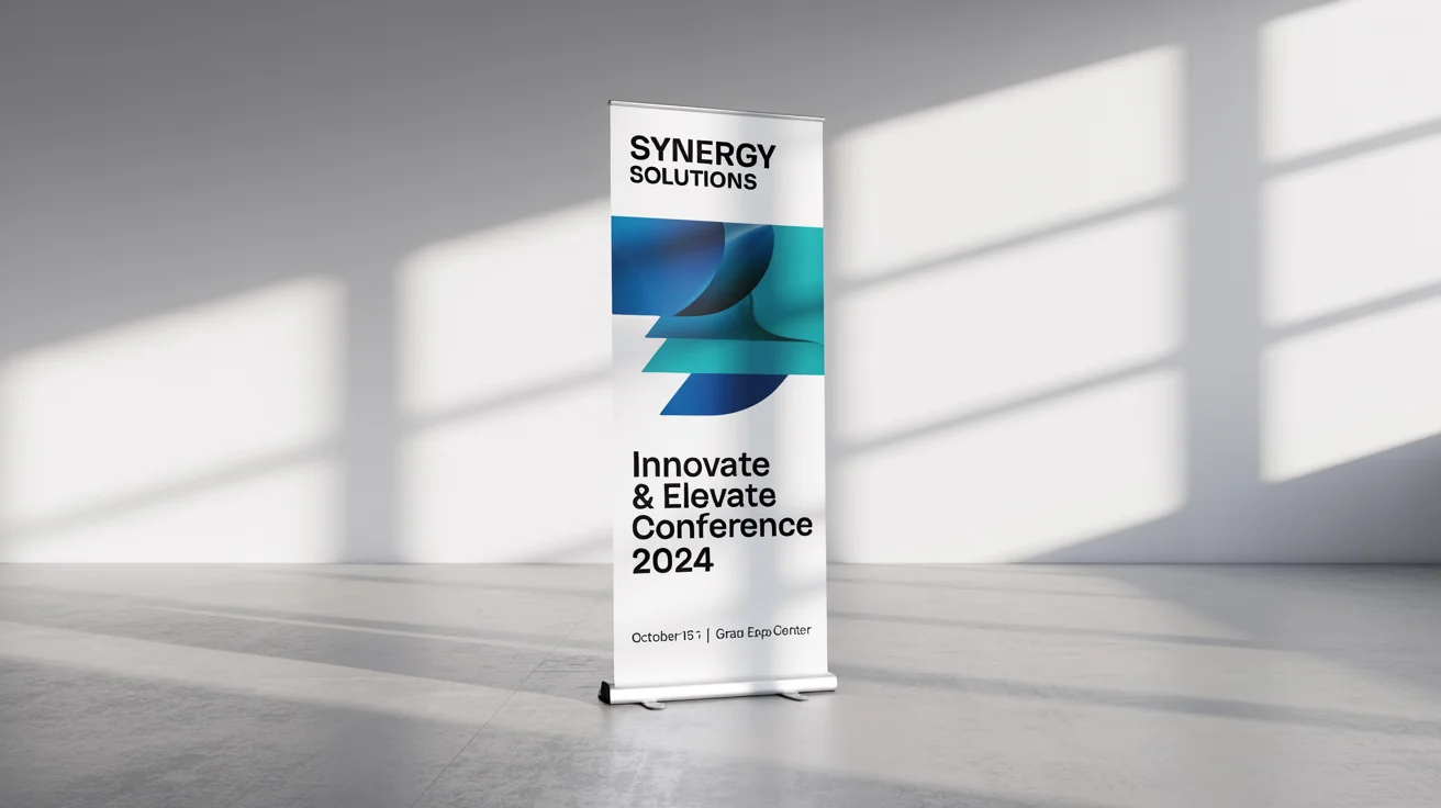 A professional mockup of a roll-up standee banner for a fictional corporate event called 'Innovate & Elevate Conference 2024', shown against a clean white background.
