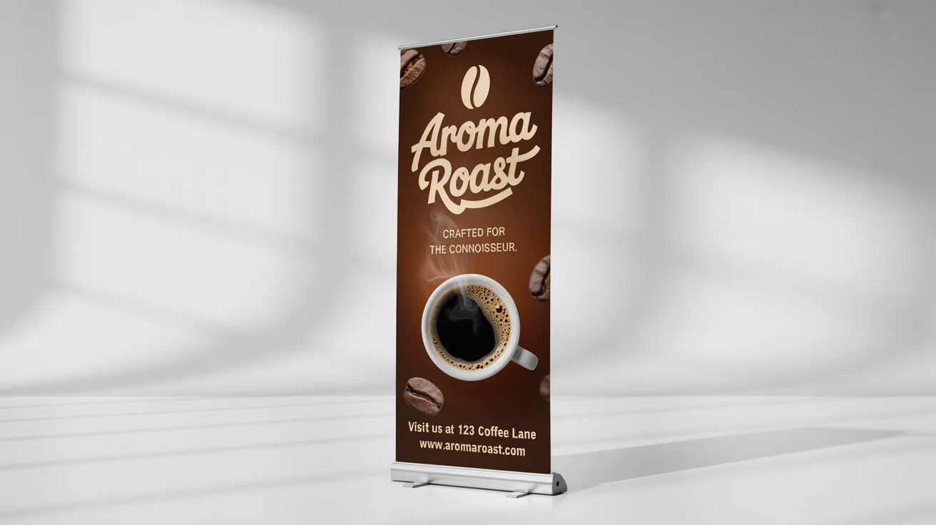 A professional roll-up standee mockup for a coffee brand called 'Aroma Roast', featuring a dark design and a picture of a coffee cup, set against a plain white background.