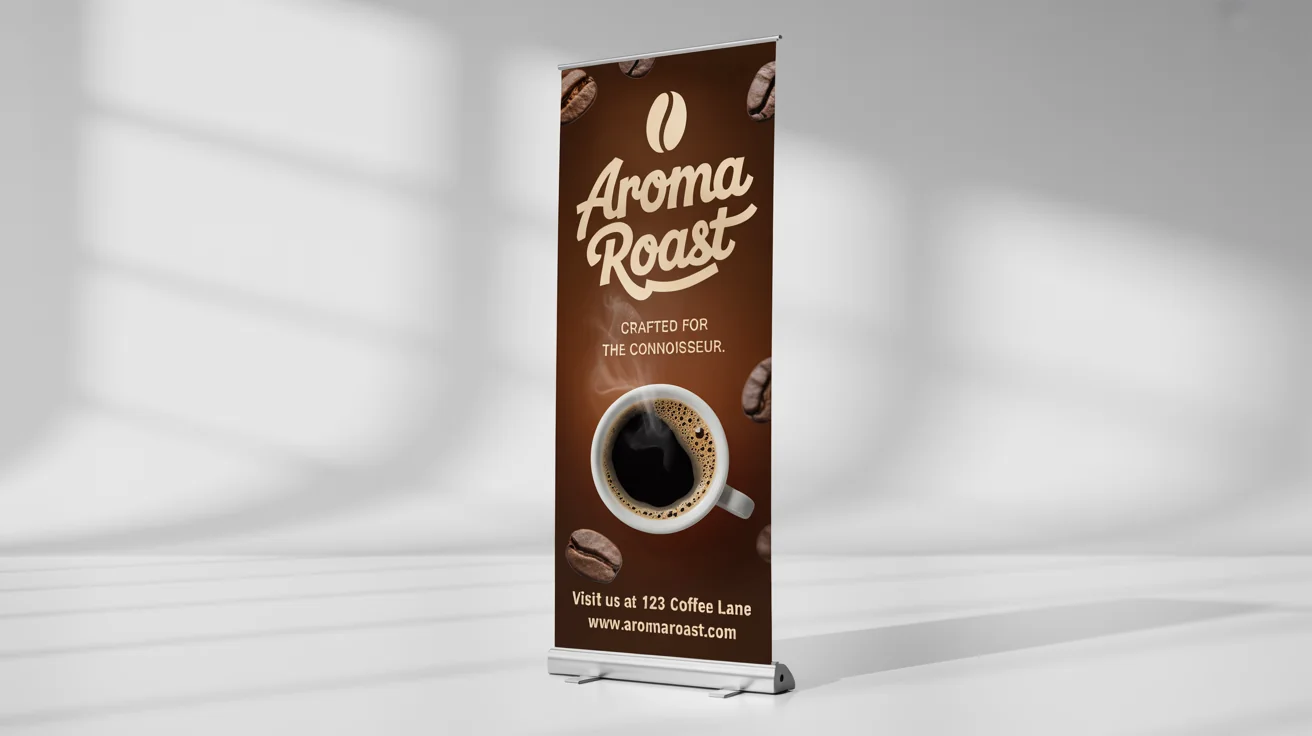A professional roll-up standee mockup for a coffee brand called 'Aroma Roast', featuring a dark design and a picture of a coffee cup, set against a plain white background.