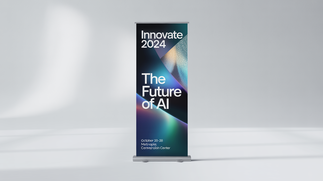 A professional mockup of a roll-up standee banner for a tech conference called 'INNOVATE 2024', set against a plain white background.
