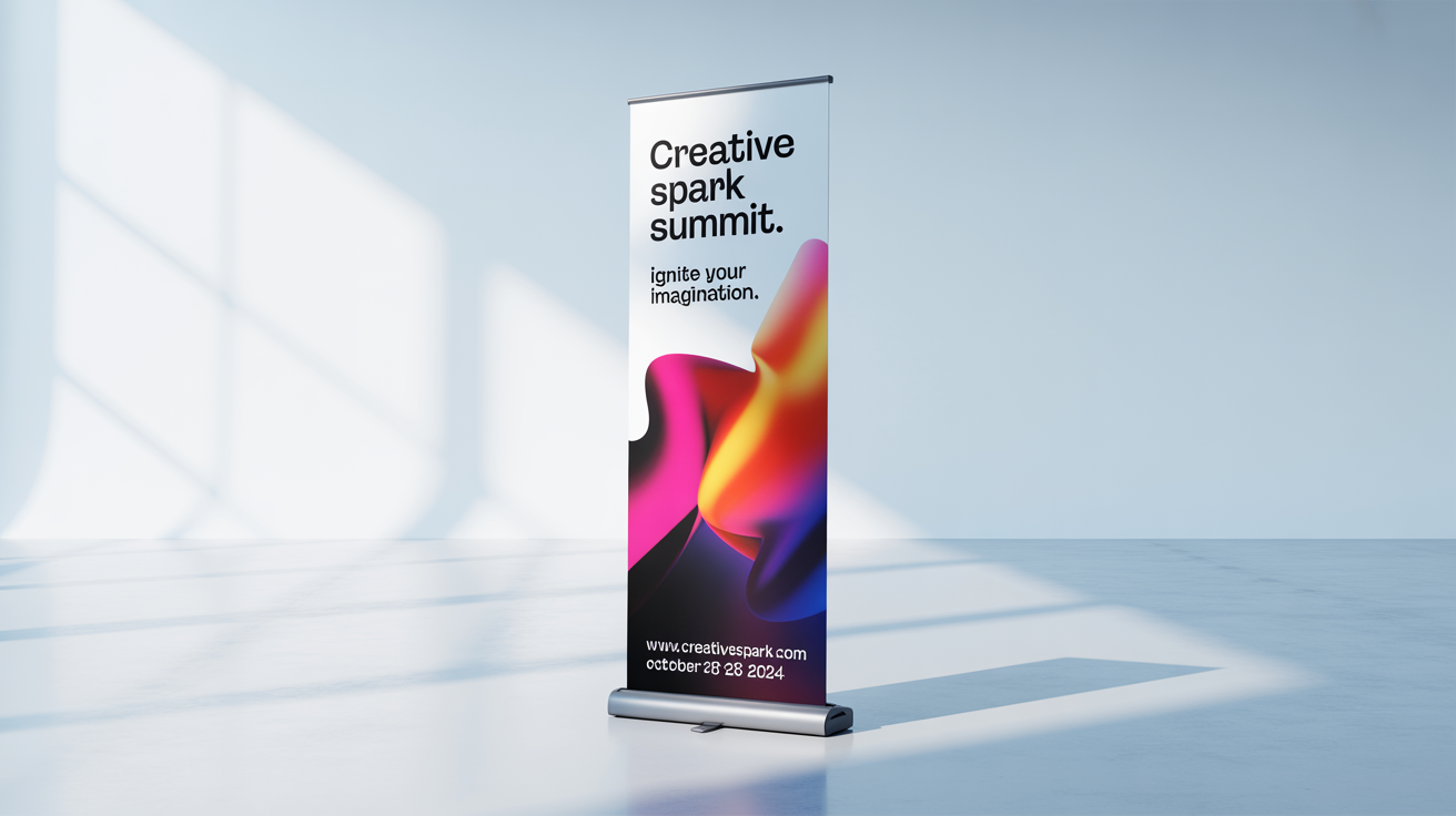 A professional mockup of a roll-up banner standee for the 'Creative Spark Summit', featuring a modern design with vibrant colors and abstract shapes on a white background.