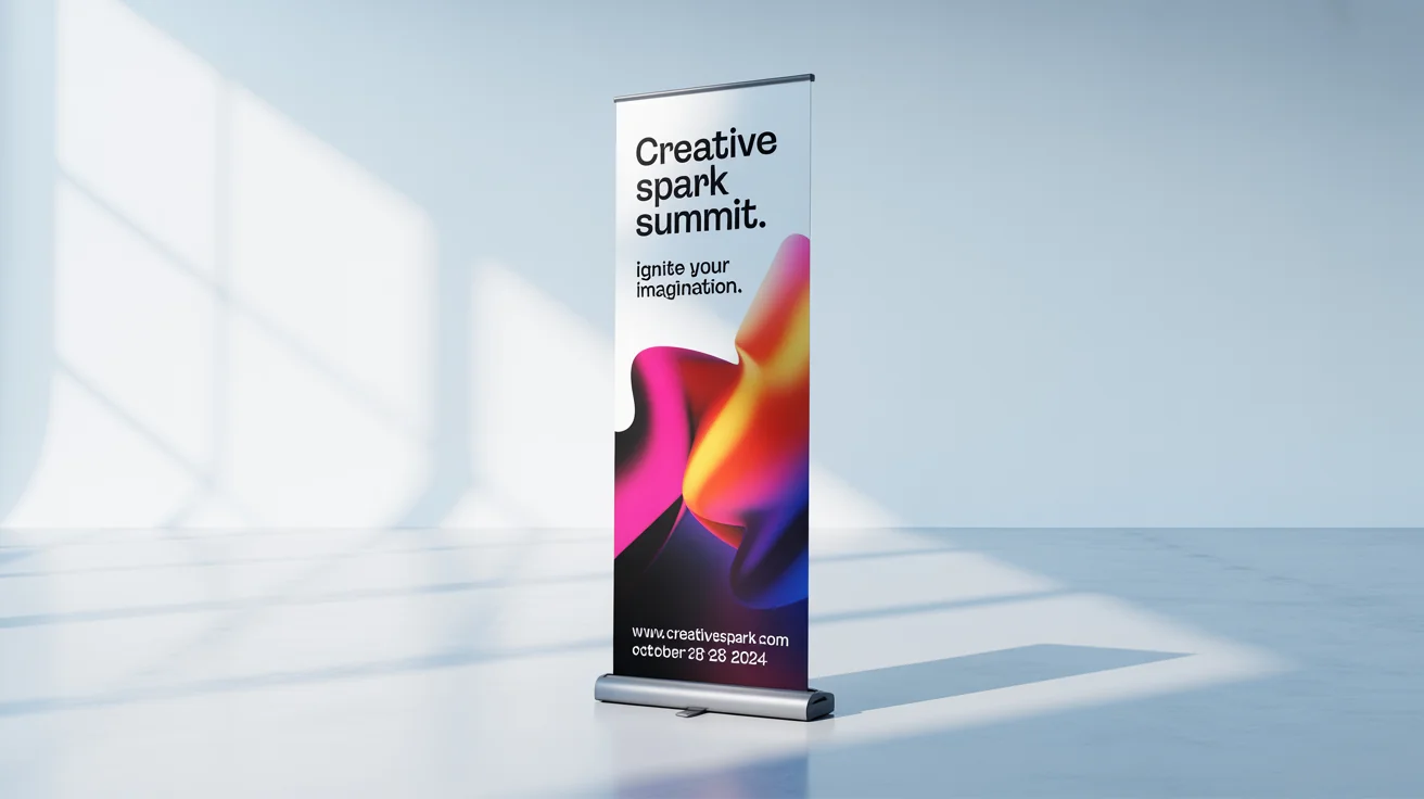 A professional mockup of a roll-up banner standee for the 'Creative Spark Summit', featuring a modern design with vibrant colors and abstract shapes on a white background.