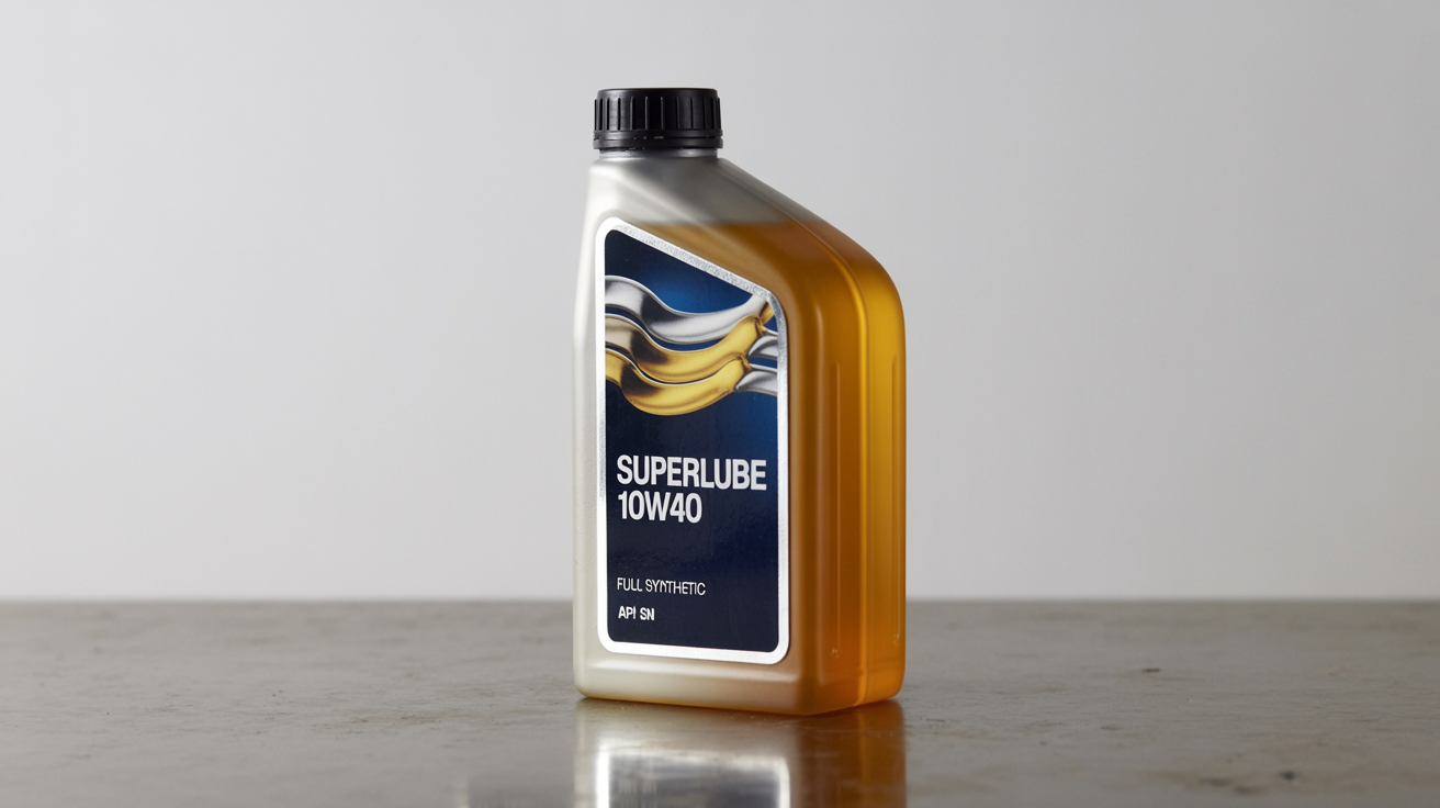 A professional studio product shot of a modern engine oil bottle against a clean background, featuring a blue, silver, and gold label with the text "SUPERLUBE 10W40".