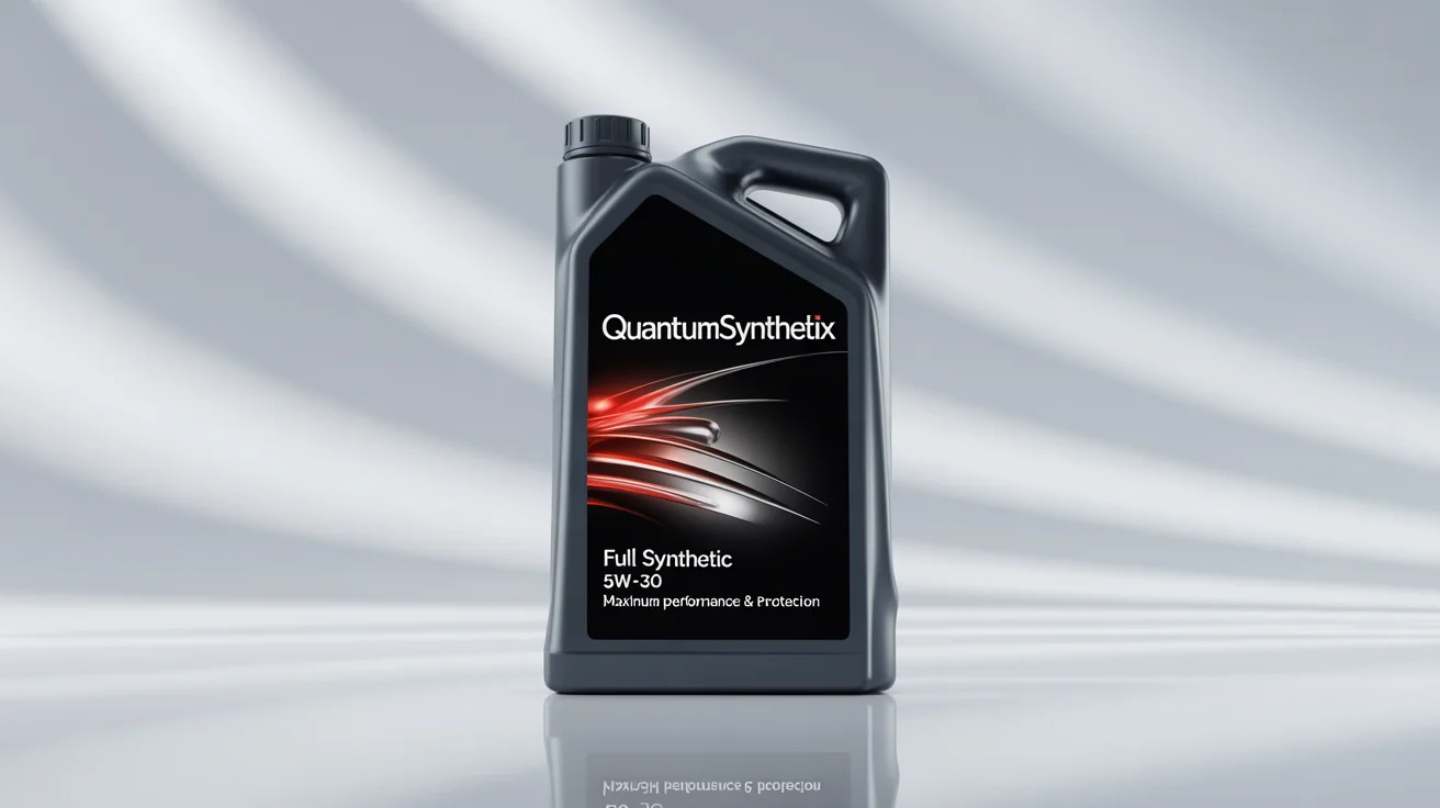 A photorealistic mockup of a sleek, dark charcoal bottle of 'QuantumSynthetix' 5W-30 full synthetic engine oil, showcased with a modern label design against a plain white background.