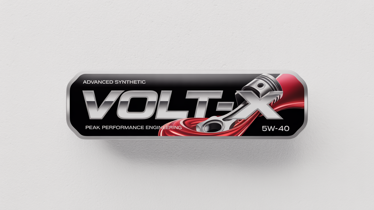 A photorealistic mockup of a modern, sleek engine oil label for 'VOLT-X' brand, featuring a charcoal, red, and chrome design on a plain white background.