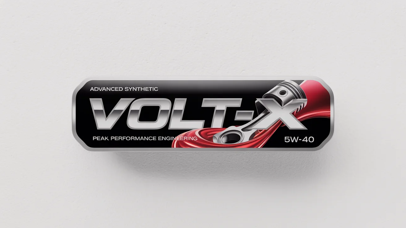 A photorealistic mockup of a modern, sleek engine oil label for 'VOLT-X' brand, featuring a charcoal, red, and chrome design on a plain white background.
