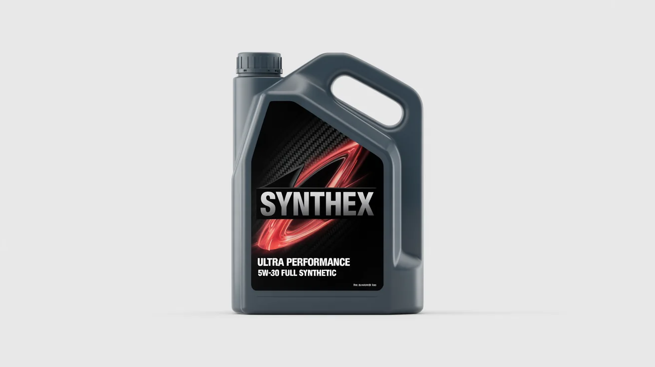 A sleek, charcoal grey bottle of 'SYNTHEX' brand 'ULTRA PERFORMANCE 5W-30 FULL SYNTHETIC' motor oil, shown as a product mockup against a white background.