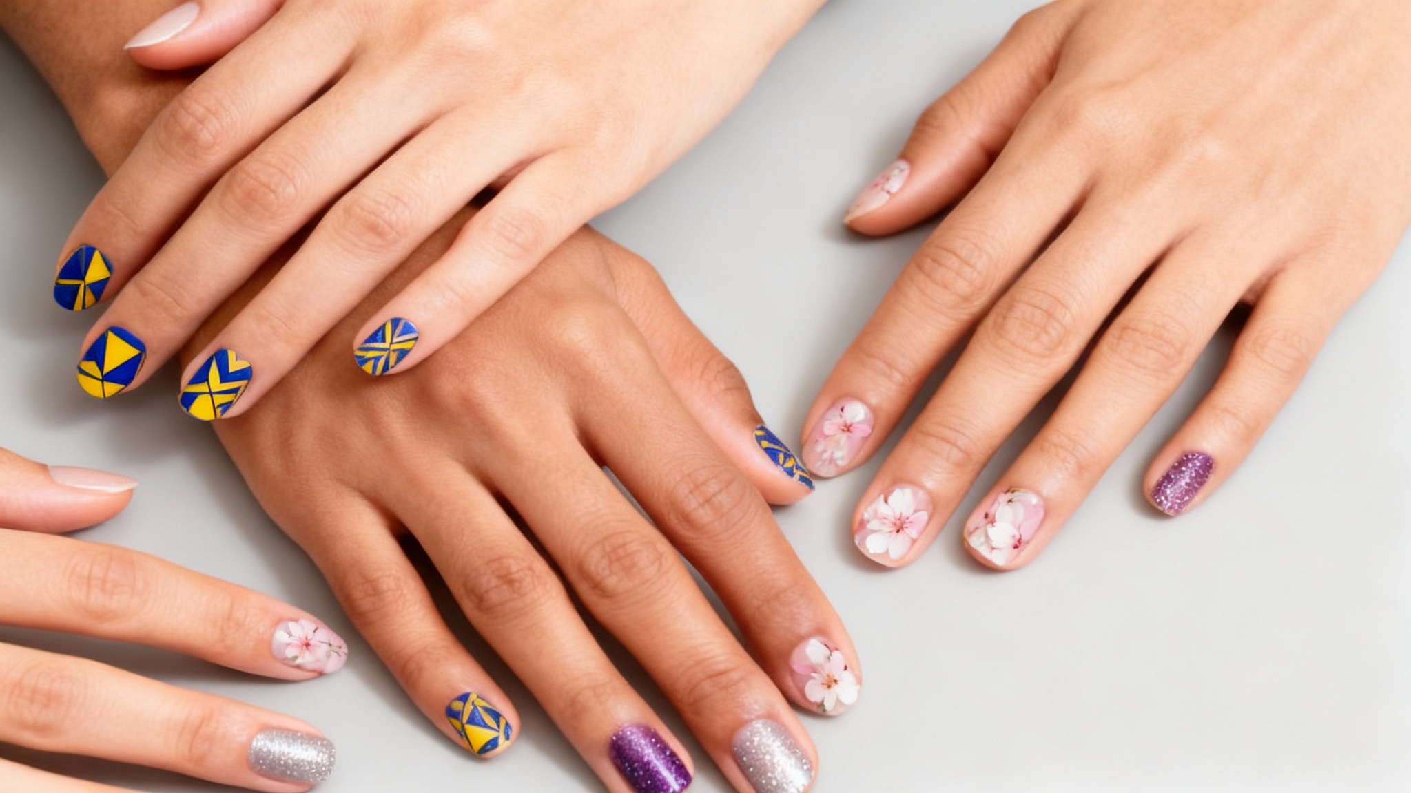 A beautifully composed close-up of several female hands with different, professionally done nail art designs, including geometric patterns, floral art, and glitter ombre, against a clean background.