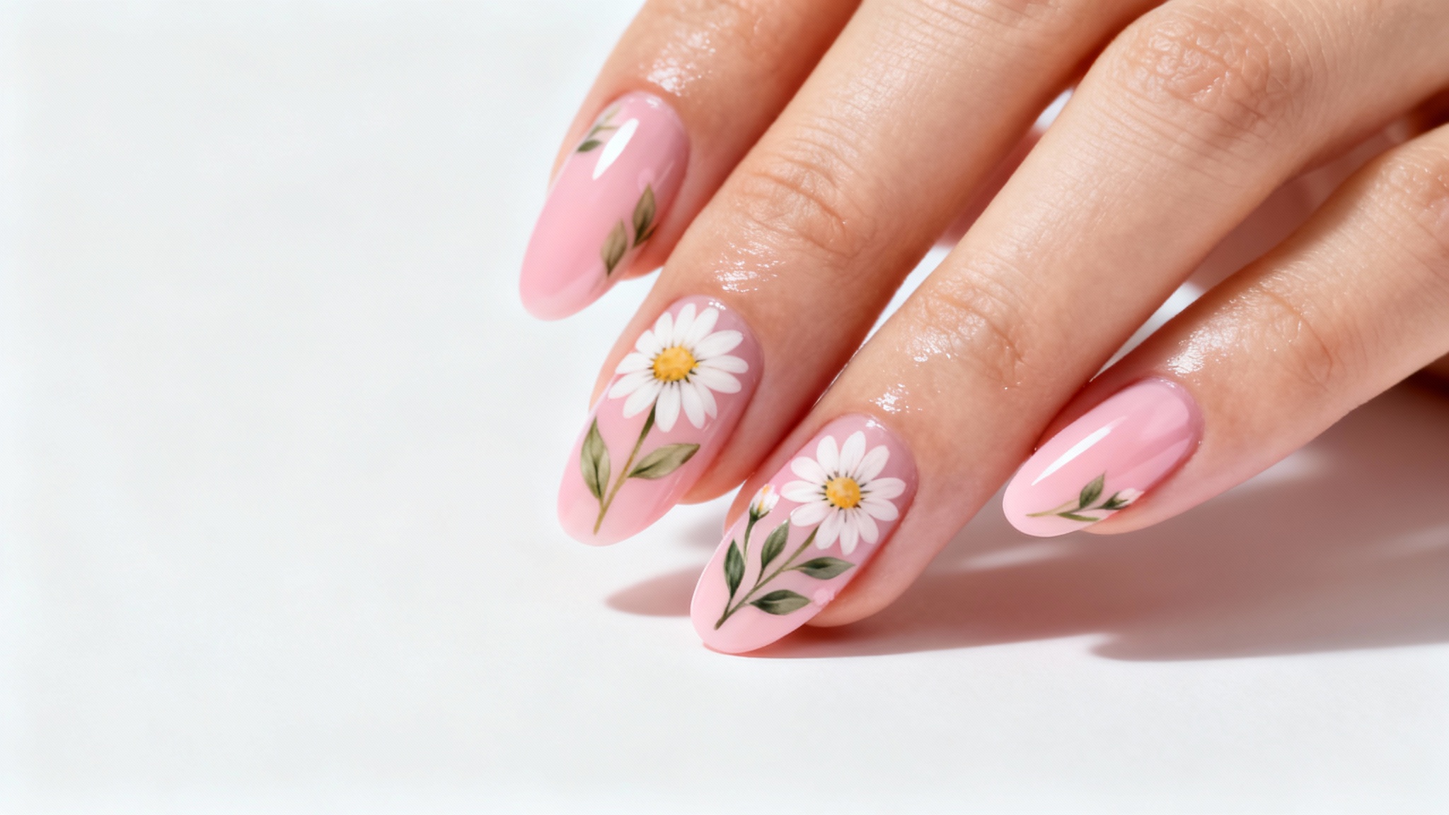 A close-up photo of beautifully manicured hands with a delicate daisy floral nail art design, set against a clean white background.