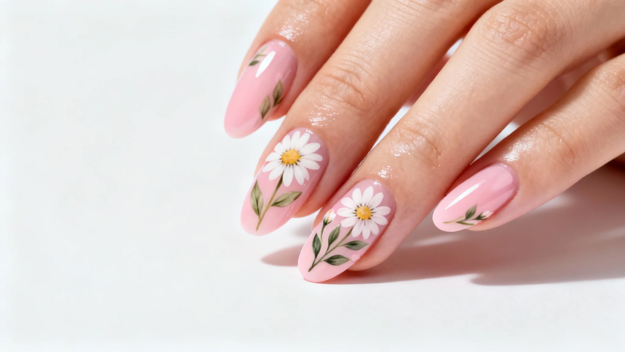 A close-up photo of beautifully manicured hands with a delicate daisy floral nail art design, set against a clean white background.