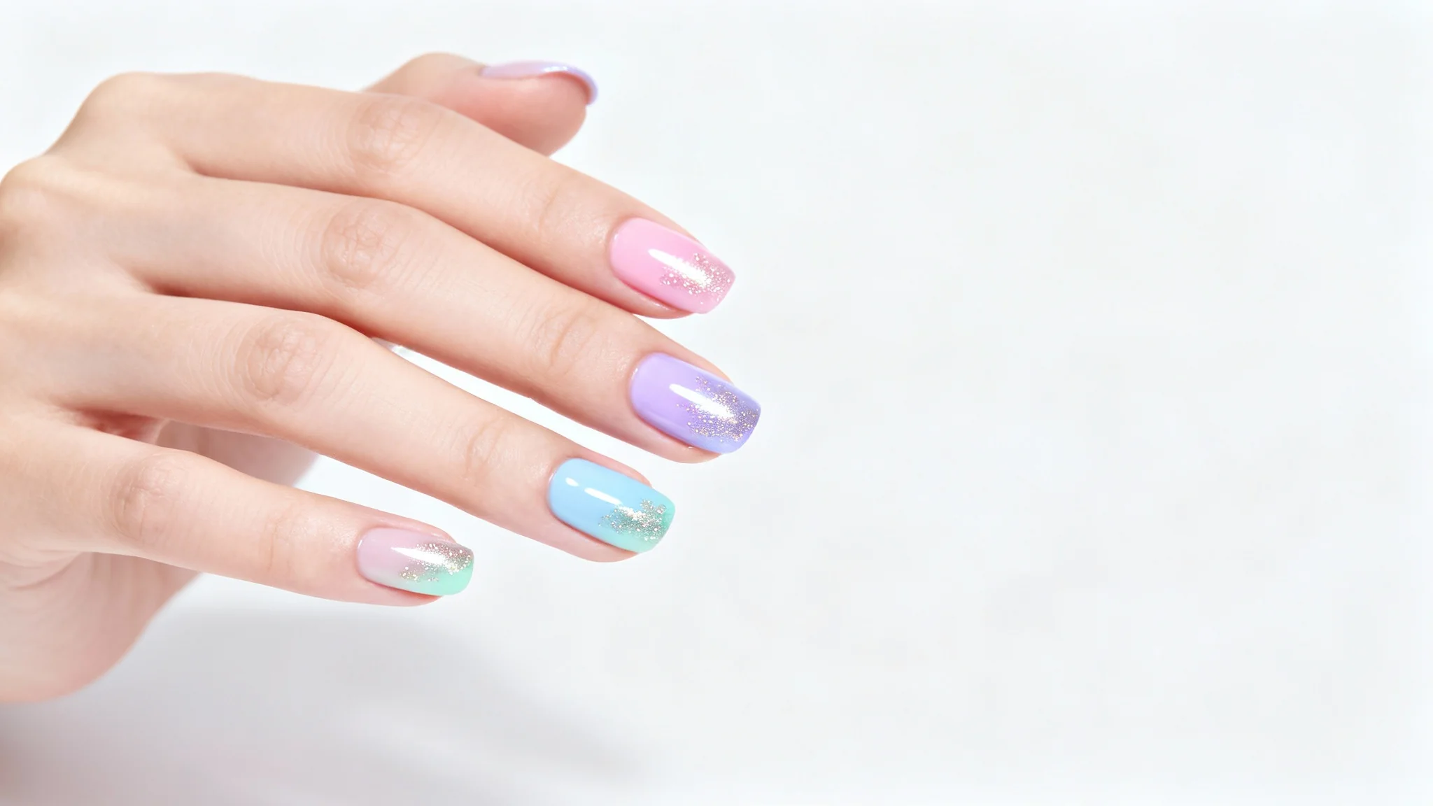 A close-up photograph of a beautifully manicured hand with intricate, pastel-colored nail designs featuring chrome accents, set against a plain white background.