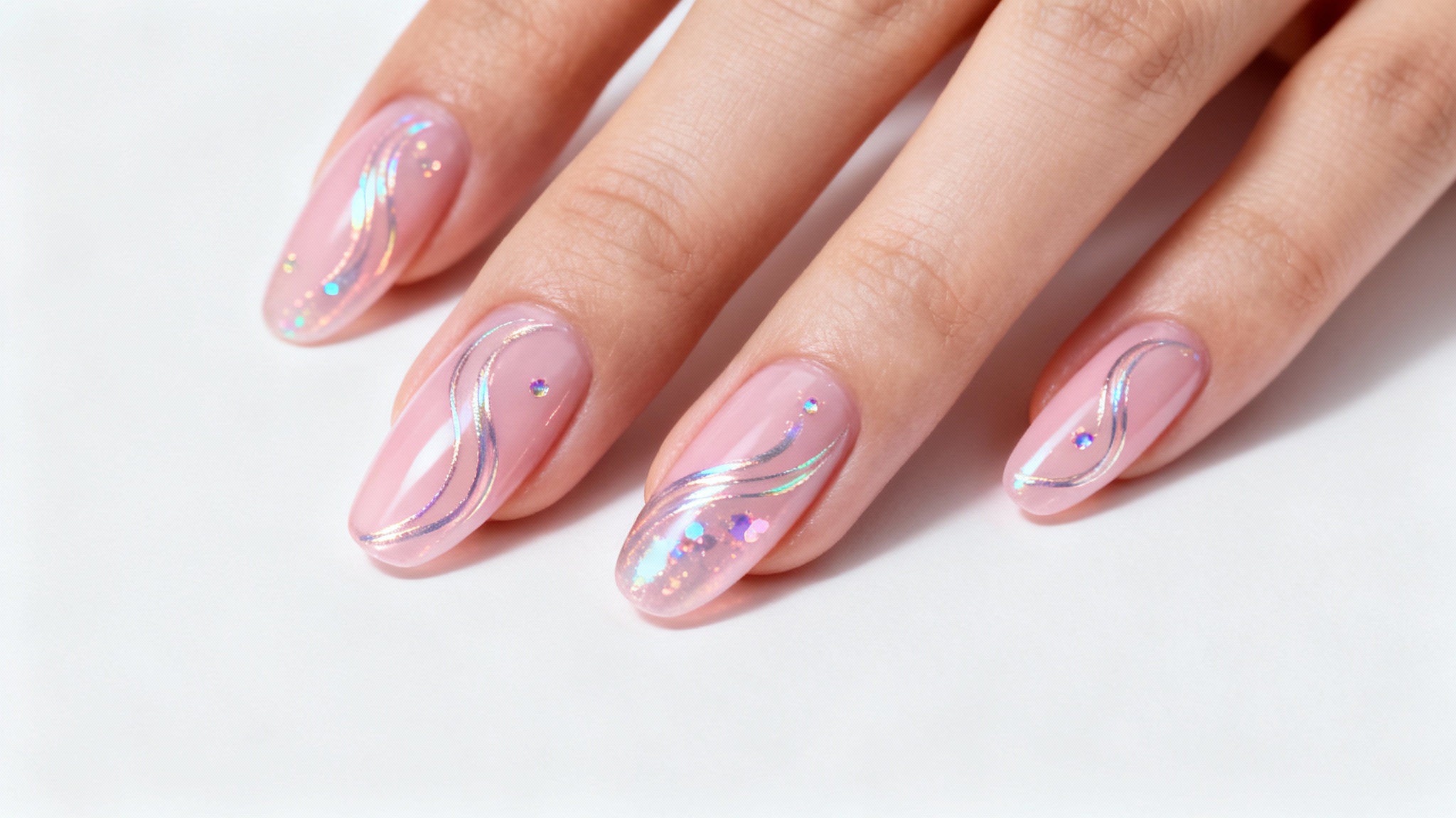 A close-up, high-fashion photograph of a manicured hand with almond-shaped nails, featuring a chic design with iridescent swirls and glitter on a white background.