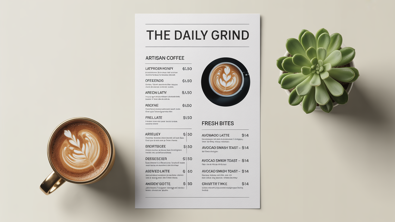 A modern, professionally designed cafe menu for 'The Daily Grind' laid flat on a white surface, showcasing clean typography and a minimalist design next to a coffee mug.