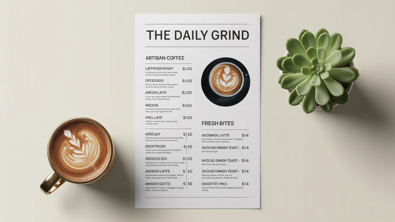 A modern, professionally designed cafe menu for 'The Daily Grind' laid flat on a white surface, showcasing clean typography and a minimalist design next to a coffee mug.