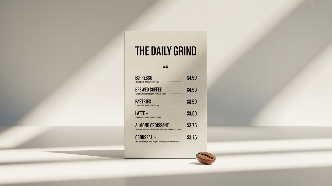 A modern cafe menu for 'The Daily Grind' featuring coffee and pastries, presented as a clean mockup against a plain white background.