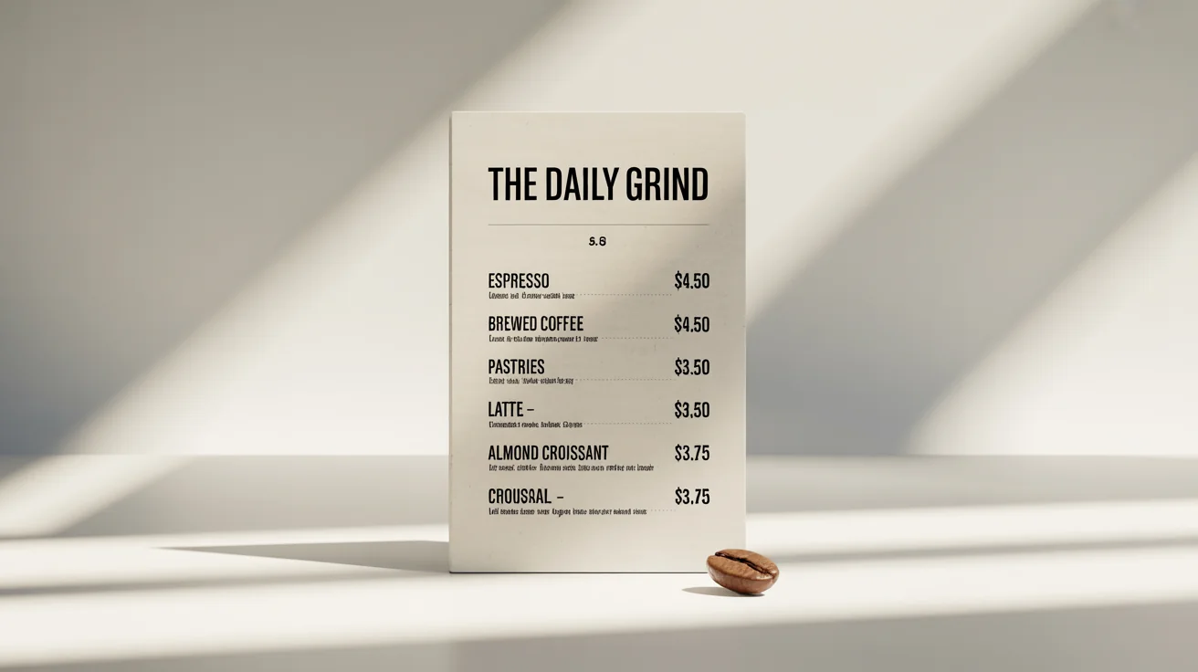 A modern cafe menu for 'The Daily Grind' featuring coffee and pastries, presented as a clean mockup against a plain white background.