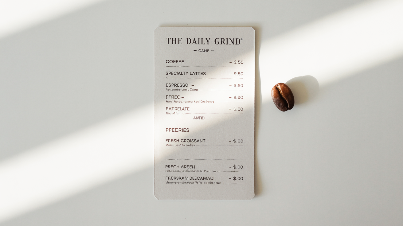 A modern and minimalist cafe menu for 'The Daily Grind' laid flat on a white background, showing sections for coffee, lattes, and pastries with prices.