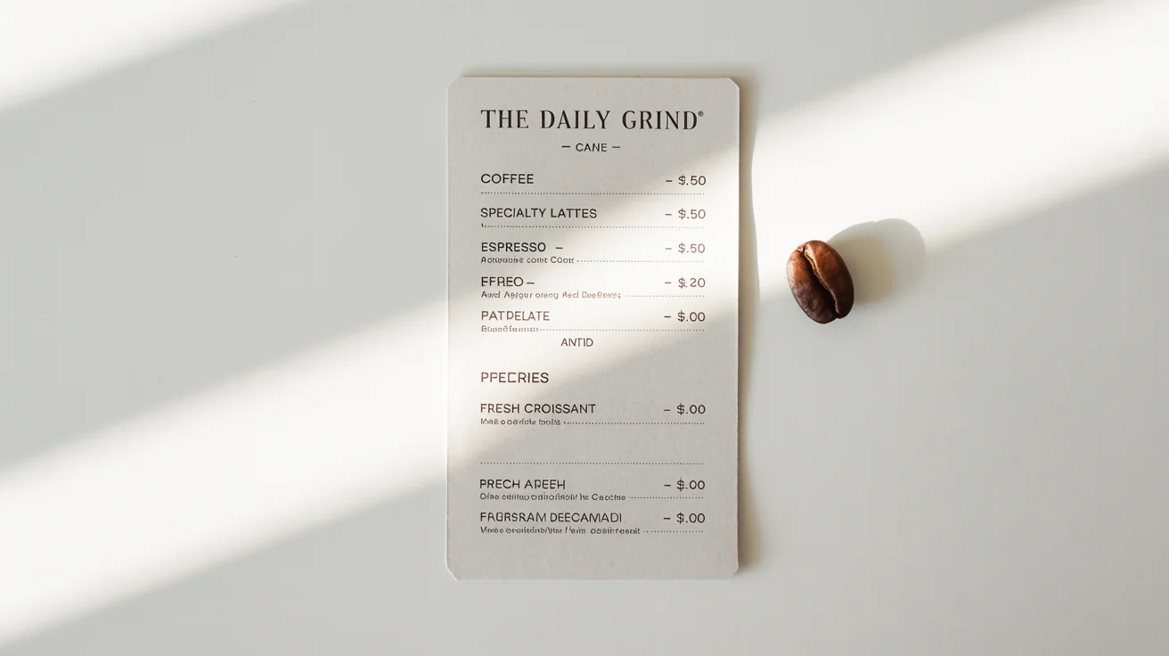 A modern and minimalist cafe menu for 'The Daily Grind' laid flat on a white background, showing sections for coffee, lattes, and pastries with prices.
