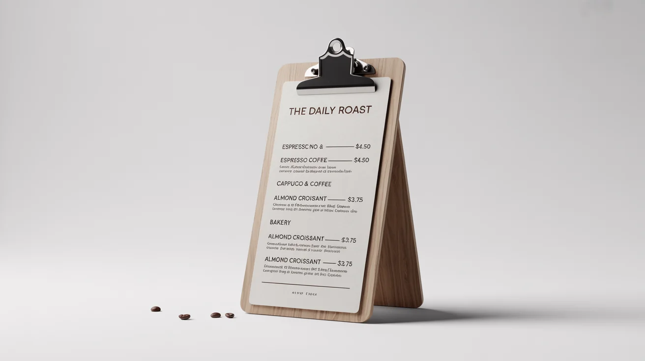 A professional mockup of a modern cafe menu for 'THE DAILY ROAST', presented on a light-wood clipboard against a clean white background.