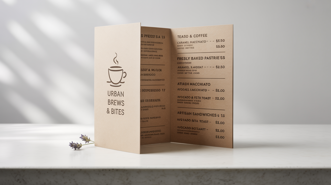 A photorealistic mockup of a modern, bi-fold cafe menu for 'Urban Brews & Bites', standing open on a clean white background, showcasing its elegant design and clear typography.