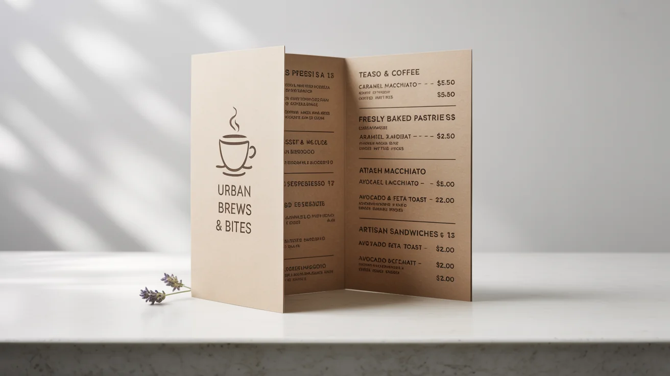 A photorealistic mockup of a modern, bi-fold cafe menu for 'Urban Brews & Bites', standing open on a clean white background, showcasing its elegant design and clear typography.