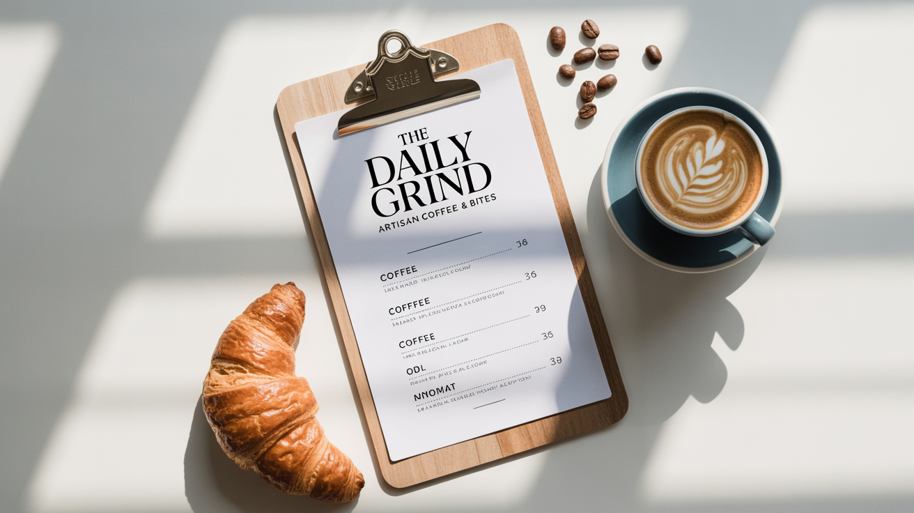 A mockup of a cafe menu for 'The Daily Grind' on a clipboard, shown in a flat lay with a latte and a croissant on a clean white background.