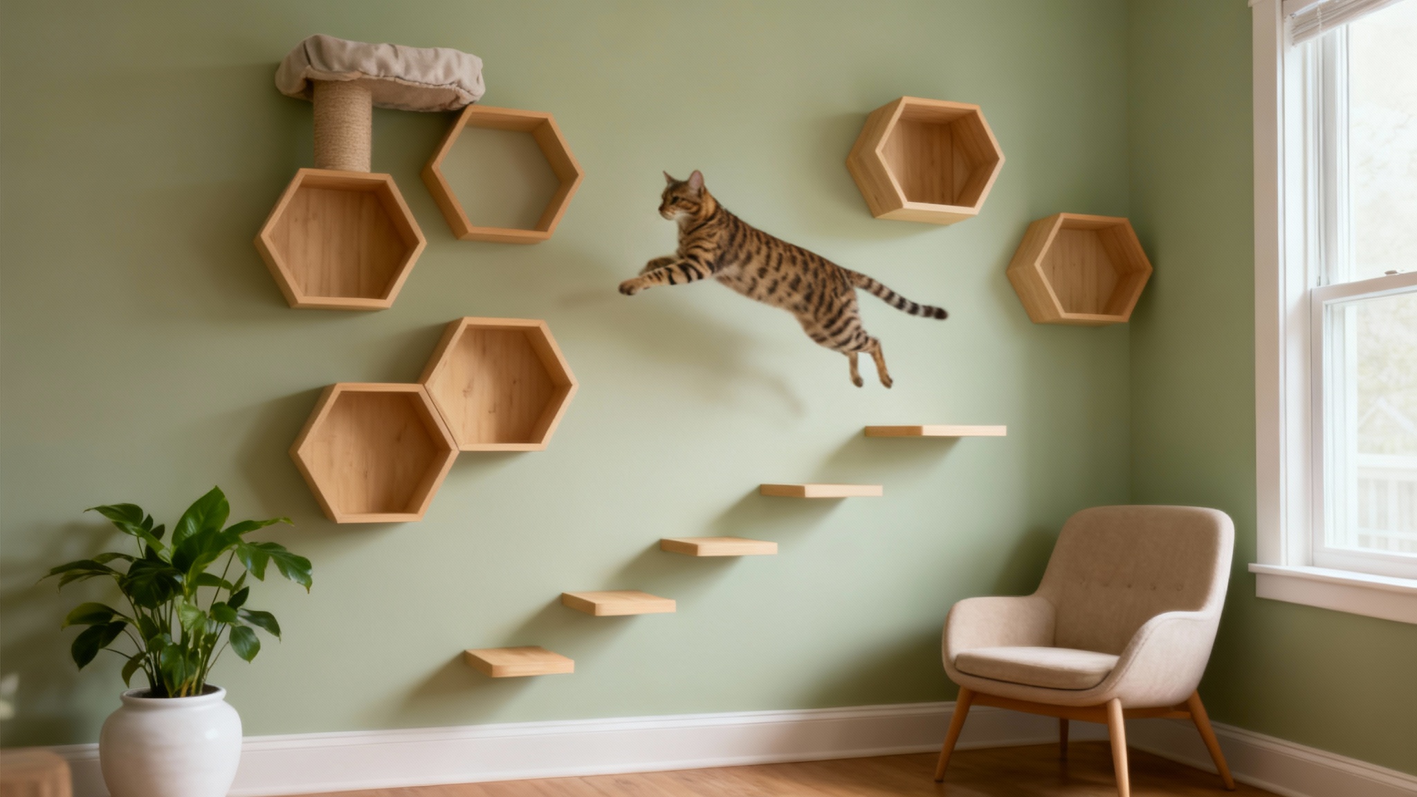 A beautifully designed modern living room featuring an elaborate cat wall made of light wood hexagonal shelves and steps, with a Bengal cat actively playing on it.
