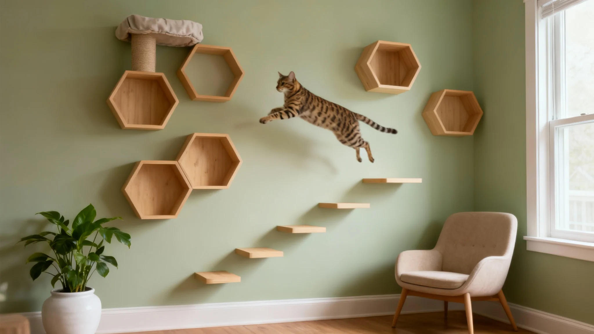 A beautifully designed modern living room featuring an elaborate cat wall made of light wood hexagonal shelves and steps, with a Bengal cat actively playing on it.