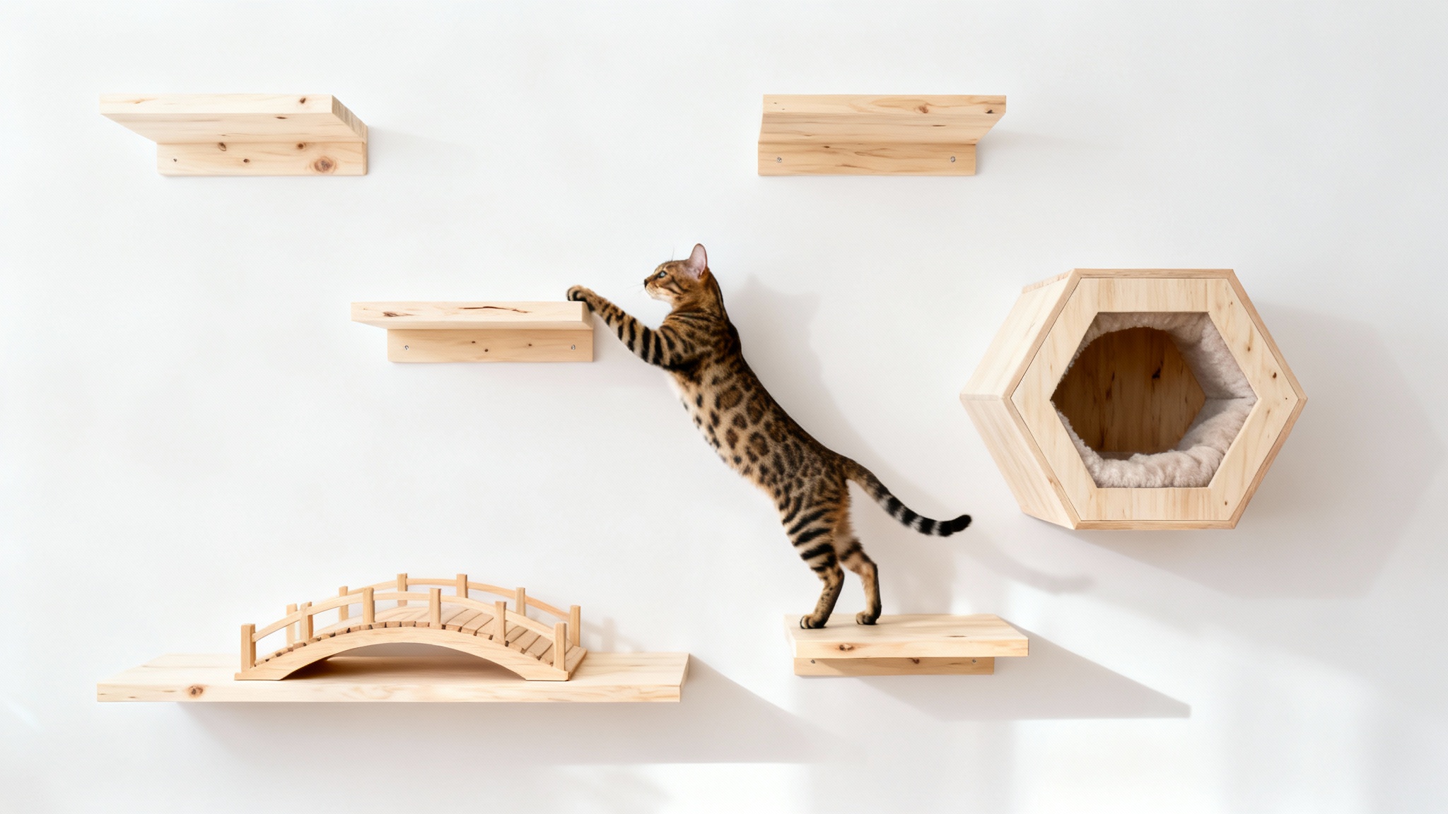 A sleek cat climbing on a modern, wall-mounted wooden cat shelf and bridge system against a clean white background.