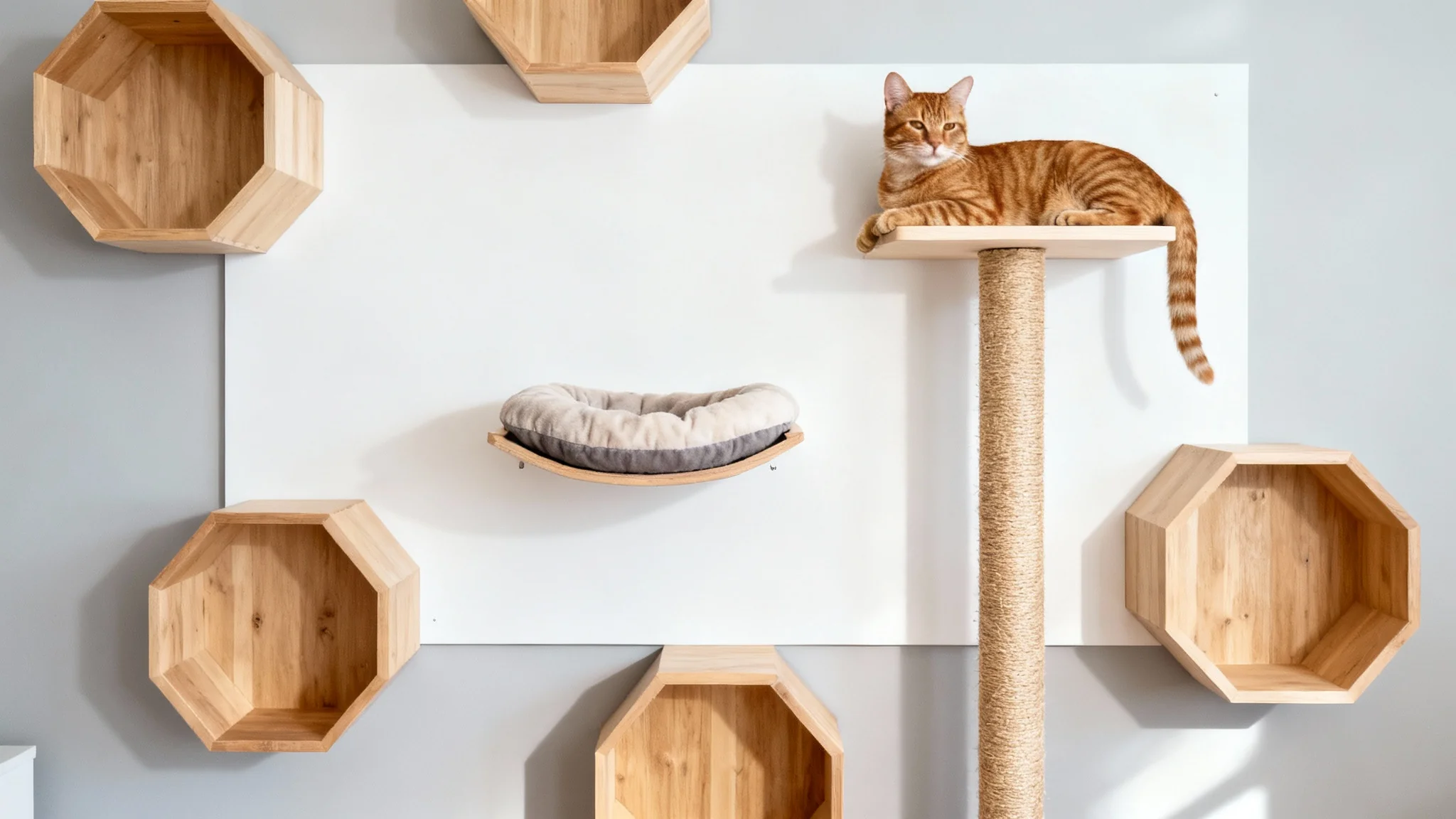 A modern cat wall featuring hexagonal wooden perches and a cat bed, with a ginger tabby cat lounging on it, set against a plain background.