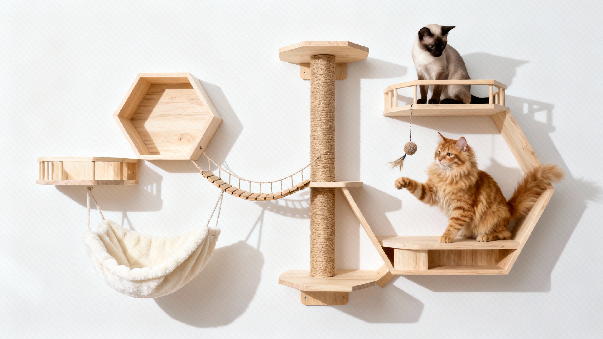 A modern cat wall with wooden hexagonal shelves, a scratching post, and a hammock, mounted on a white wall, with a Siamese and a ginger cat playing on it.